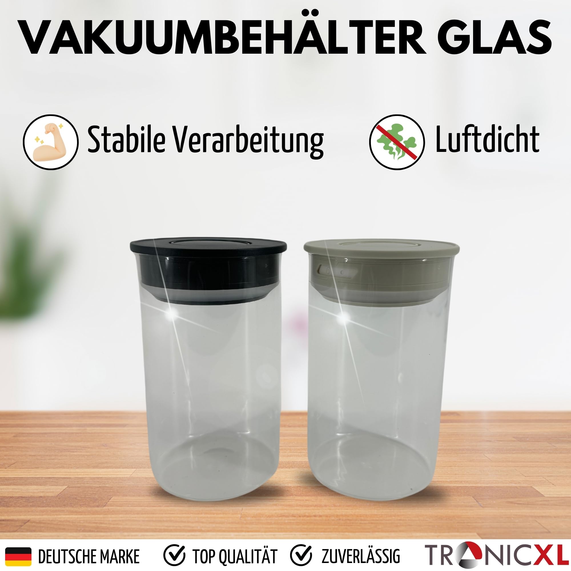 TronicXL Lot de 2 bocaux de conservation sous vide en verre borosilicate de 1 l - 1 000 ml - Avec couvercle hermétique - Pour cuisine, maison, aliments