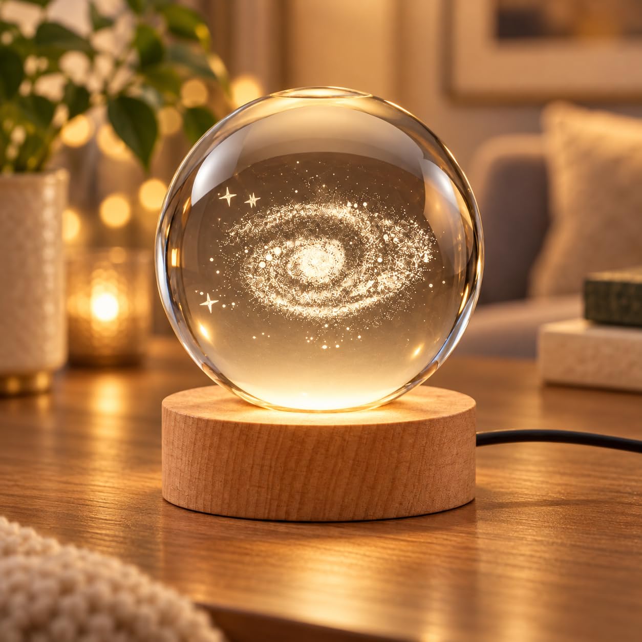 Crystal Ball Night Light 6cm & 8cm, 3D Engraved Galaxy & Tree of Life LED Lamp with Wooden Base, USB Powered Warm White Light, Decorative Table Lamp for Bedroom Home Decor (6cm, Style 2(Pack of 1))