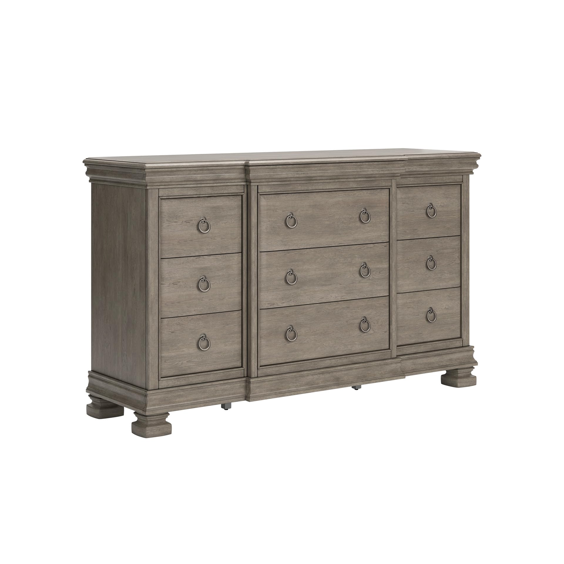 Signature Design by Ashley Lexorne Dresser, 9 Drawer Wood Bedroom Storage with Jewelry Drawer, Traditional Louis Philippe Style, 266 lb Frame for Master Suites, Light Gray, 69" W