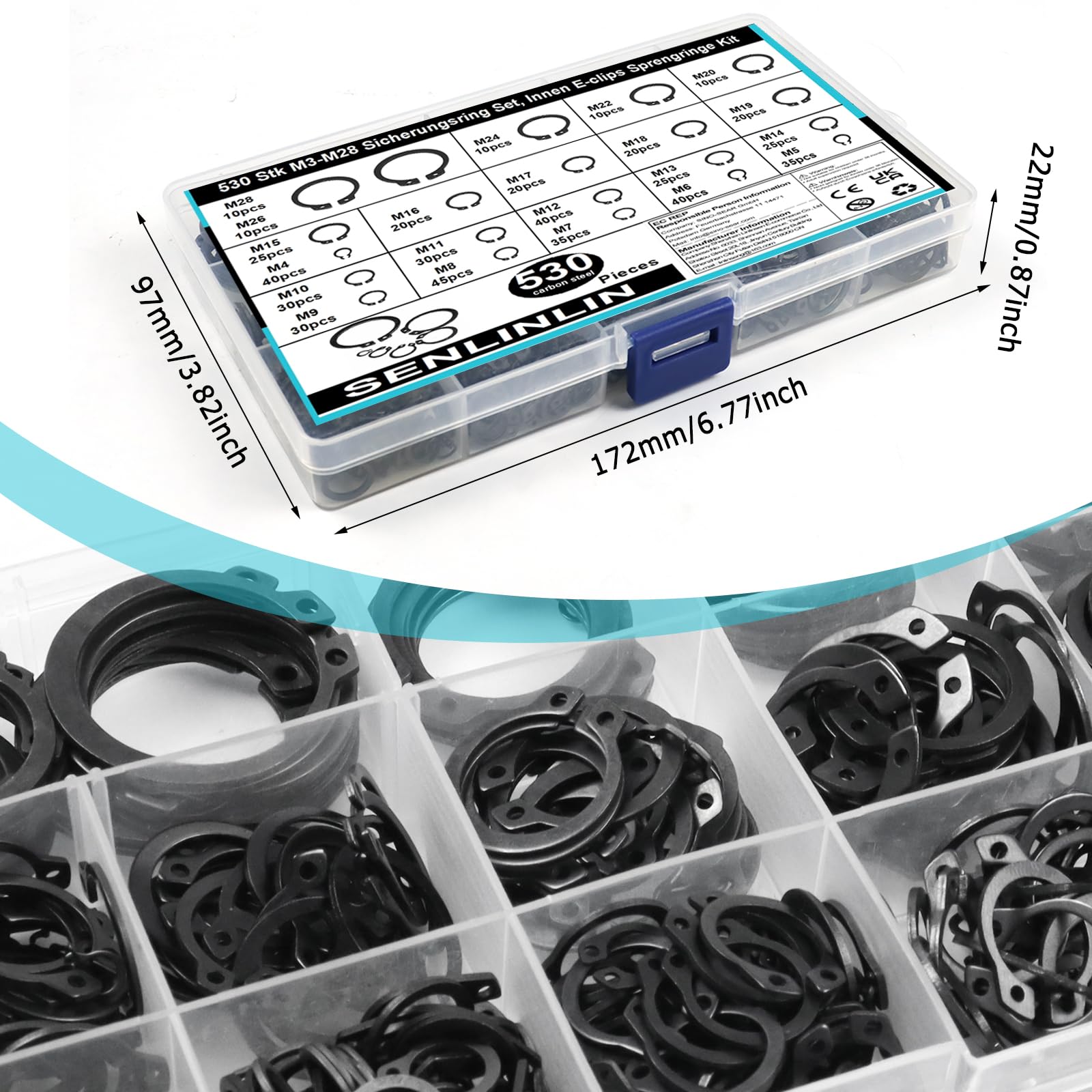 Set assortito di 520 E-clip e anelli di sicurezza esterni, kit anello di apertura a scatto, clip in acciaio inox, 13 misure Set assortito di 520 E-clip e anelli di sicurezza esterni, kit anello di apertura a scatto, clip in acciaio inox, 13 misure