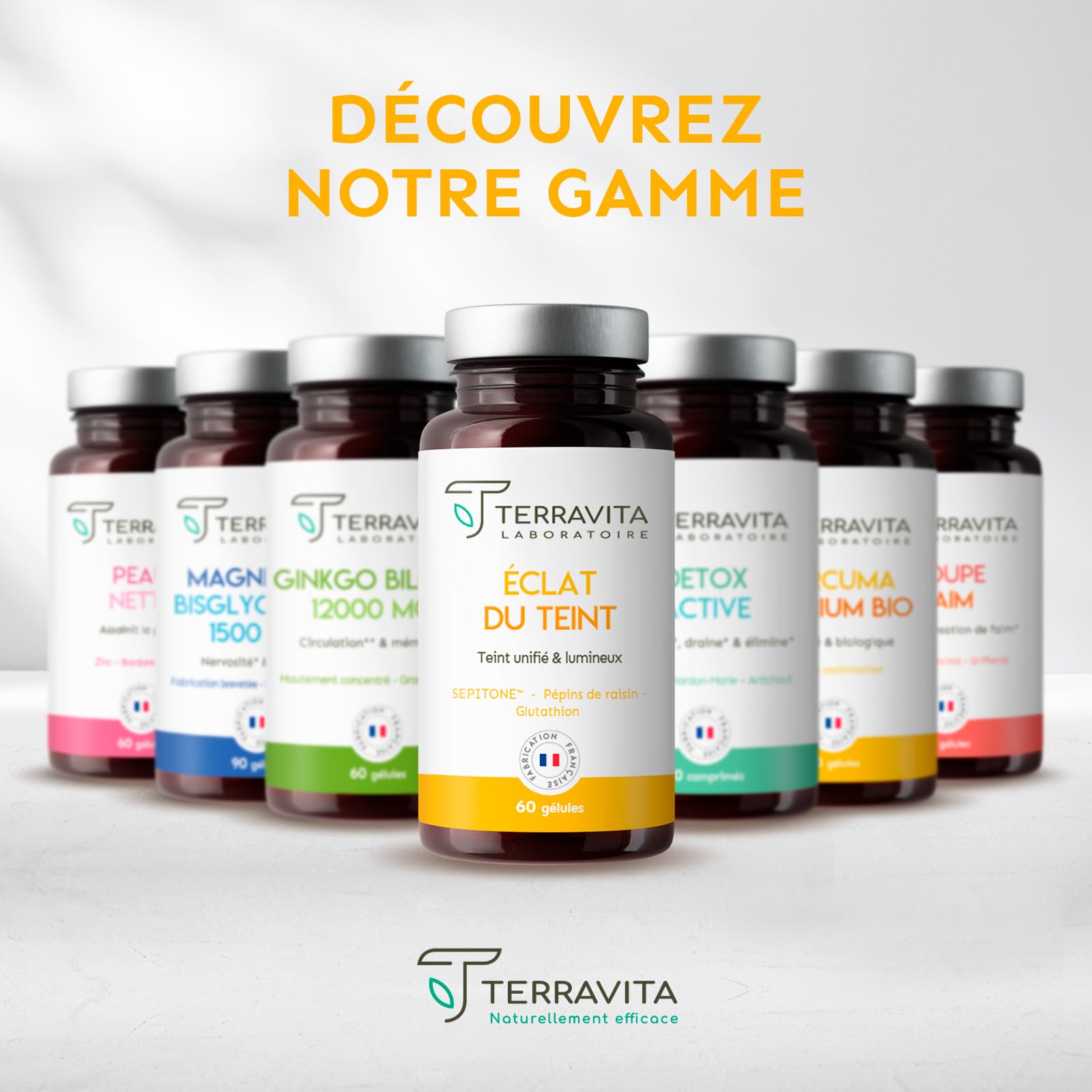 Eclat du Teint | Pépins de Raisin OPC + Extrait de Myrtille SEPITONE + Vitamine C + Glutathion Réduit | Peau Éclatante et Unifiée | Action Antioxydante | 60 Gélules Vegan | Made in France | Terravita