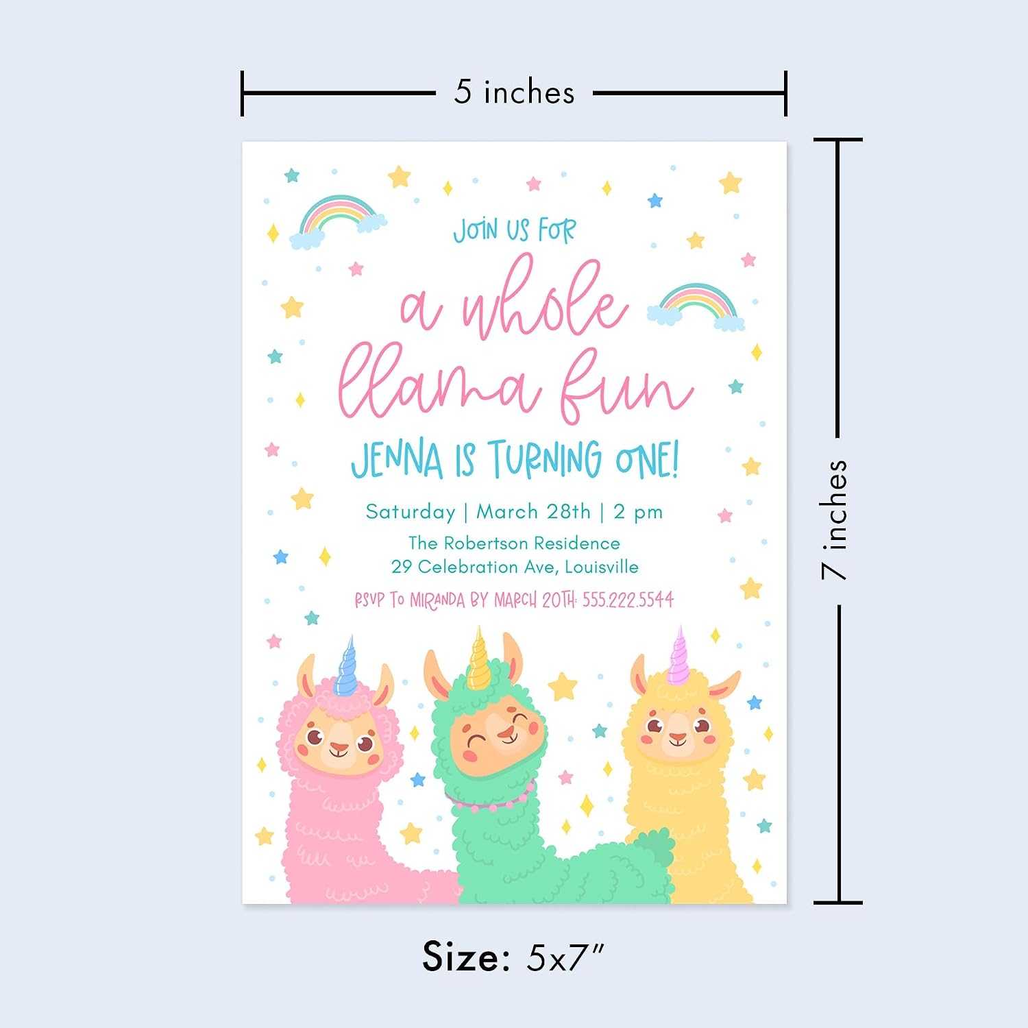 5x7 Llamas and Rainbows 1st Birthday Invitations with Envelopes, Colorful Birthday Invites for Turning One - Personalized With Your Wording