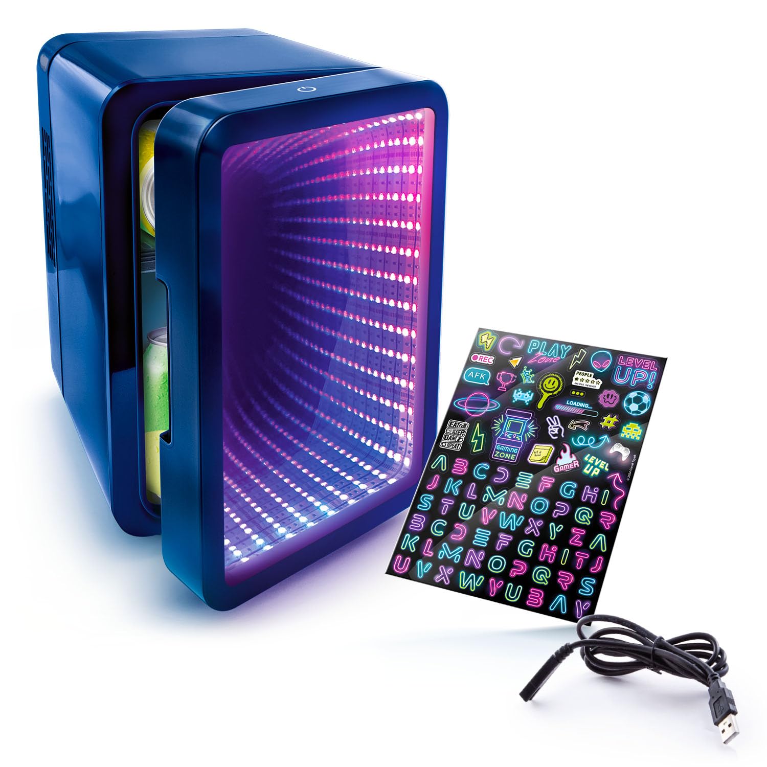 So Chill Mini Lodówka Efekt nieskończoności, gracze, studenci, dom/wycieczki samochodowe/Hangouts + więcej, zasilanie USB, naklejki w zestawie, puszki 4 l/6, lustrzane drzwi z efektem nieskończoności