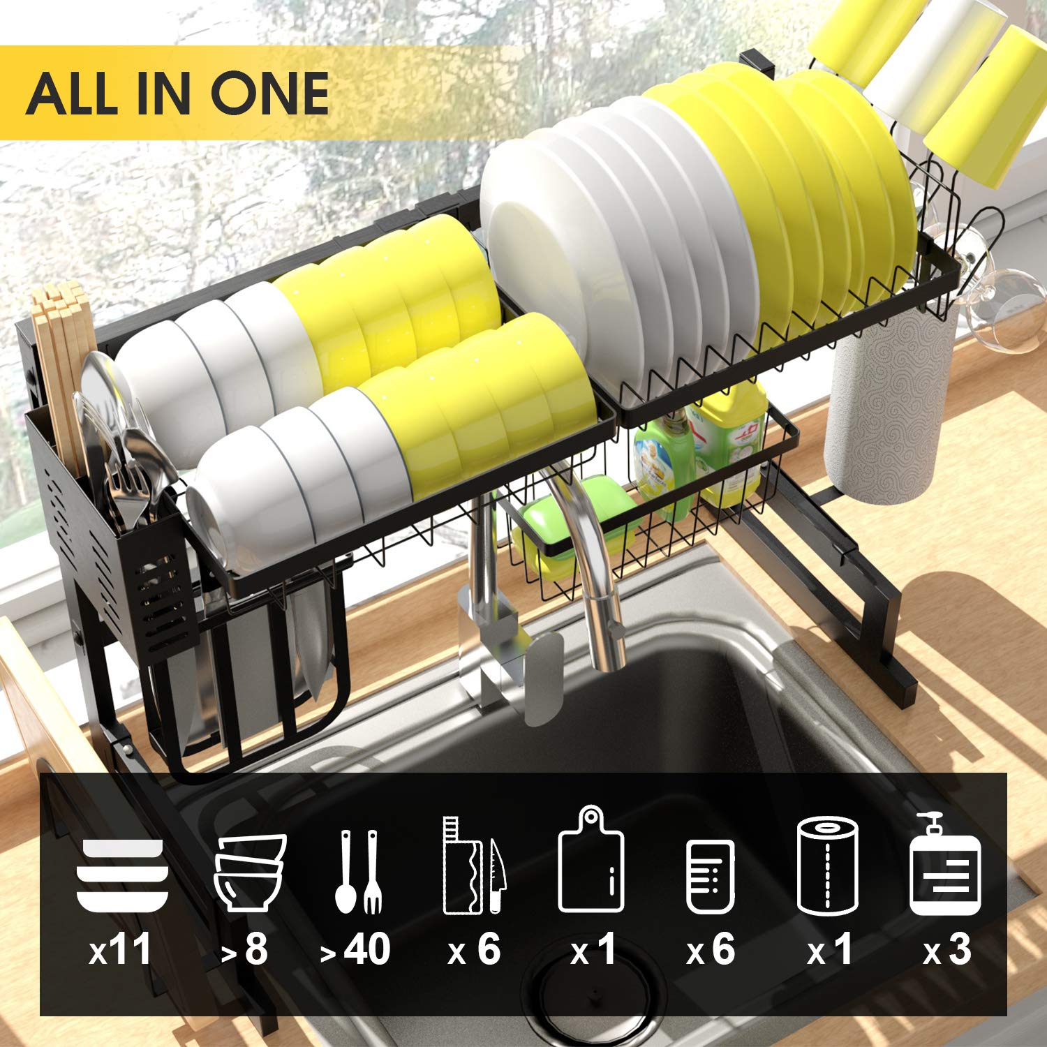 KINGRACK Over The Sink Dish Drying Rack, 2-Tier Dish Rack, Dish Drainer with Utensil Holder&Hooks, Kitchen Storage Organizer for Plates Bowls Pots, Black, for Sink Size < 24.8''