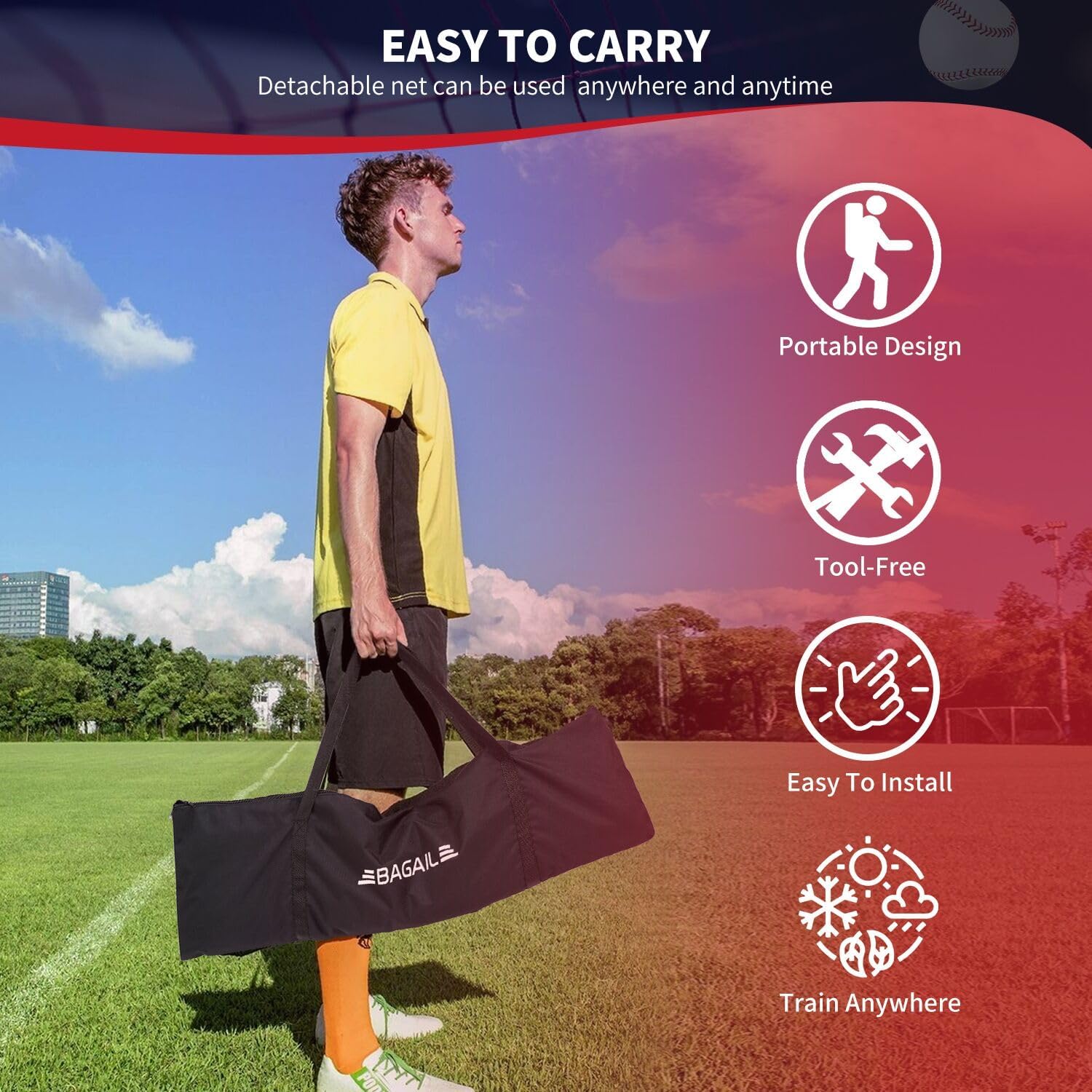 BAGAIL 7x7 ft Baseball & Softball Practice Net with Bow Frame for Batting, Hitting, Pitching, Portable Baseball Throwing Net with Strike Zone, Carry Bag, Baseball Training Aid for All Levels - Image 7