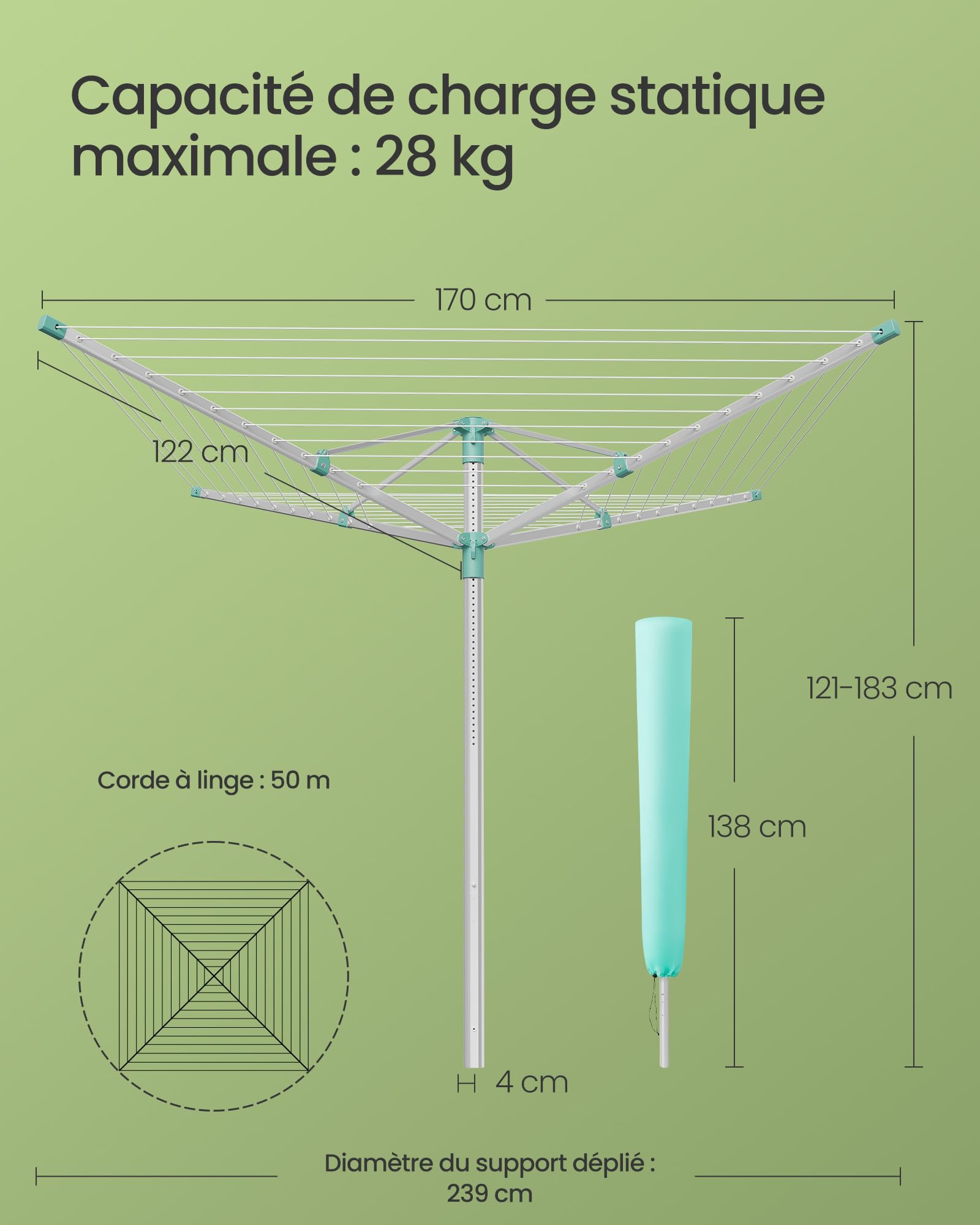 SONGMICS Étendoir à Linge Réglable en Hauteur, Séchoir Parapluie, Alliage d’Aluminium, Extérieur, Ancrage au Sol, Housse, Pinces, Argent et Vert, 50 m de Corde à Linge, pour 5 Machines LLR301E01V1