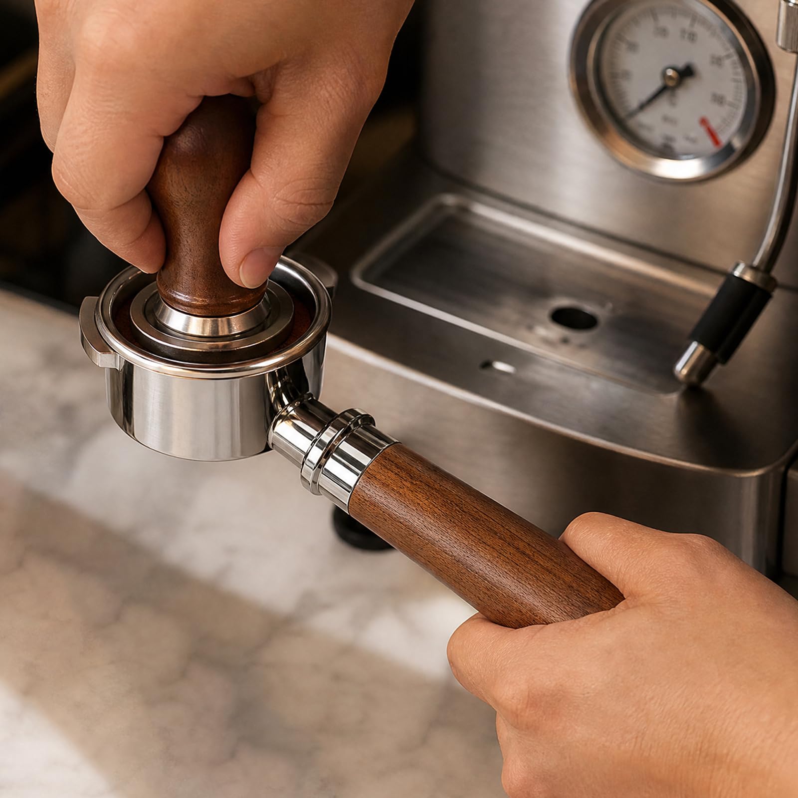 Portafiltro senza fondo, 51 mm, per macchina espresso (legno/legno) | Visualizzazione libera dell'estrazione, cambio senza attrezzi con presa adeguata, comoda maneggevolezza