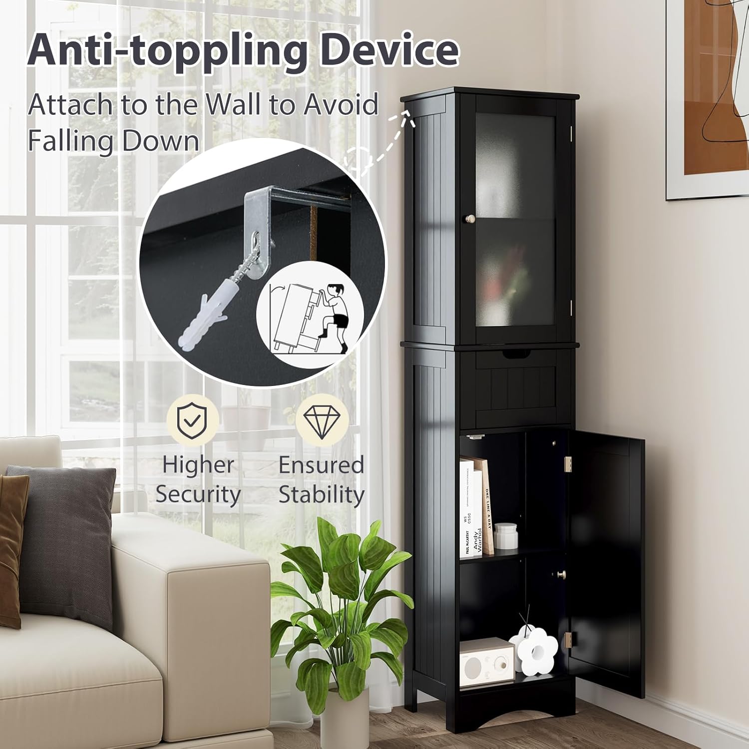Illustration of the anti-toppling device installation for the COSTWAY cabinet