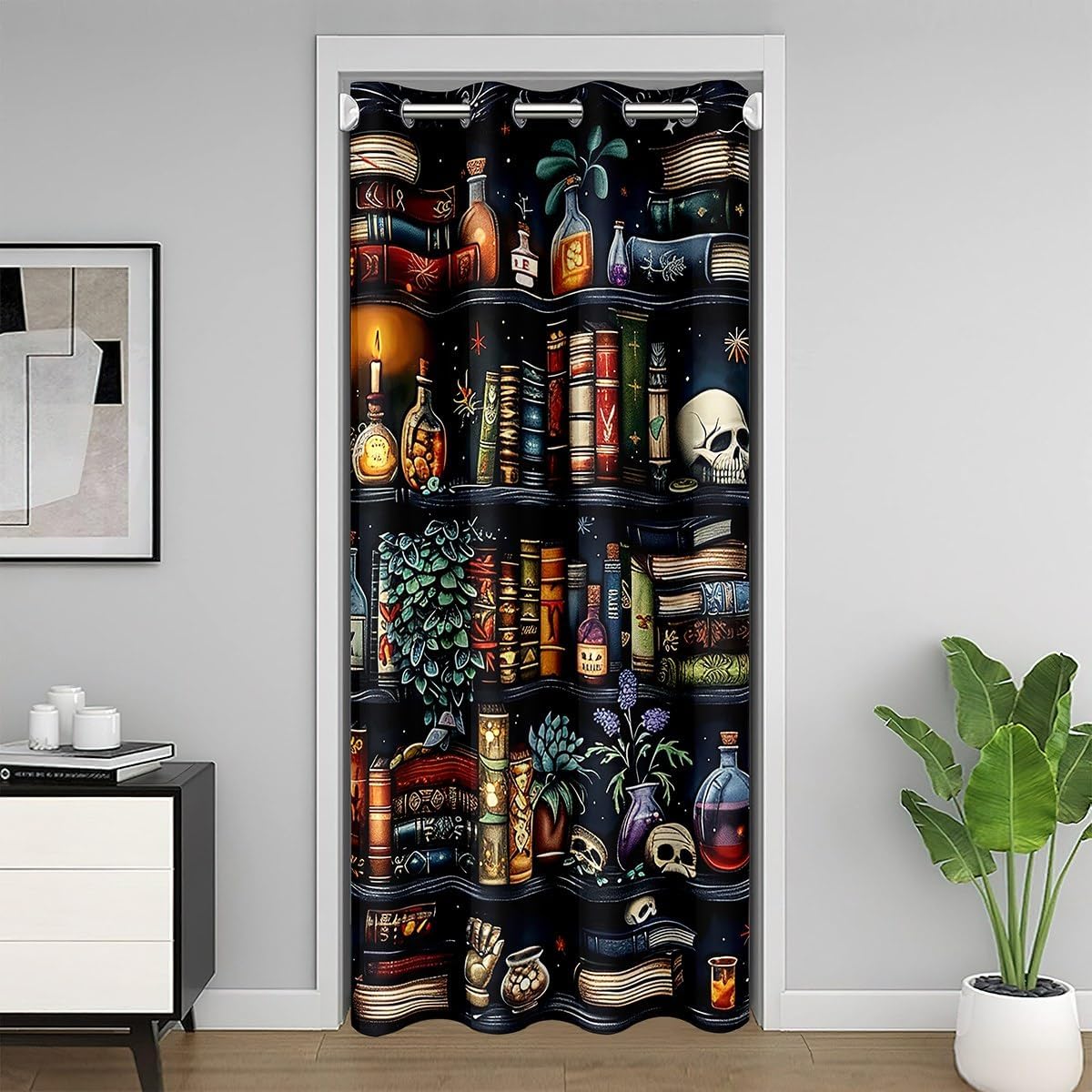 Erosebridal Retro Bookshelf Door Curtains for Doorways Privacy 42" W X 84" L,Science Chemical Theme 30%-50% Blackout Curtain Bookcase Books Sugar Skull Halloween Door Drape for Bedroom Home Dorm