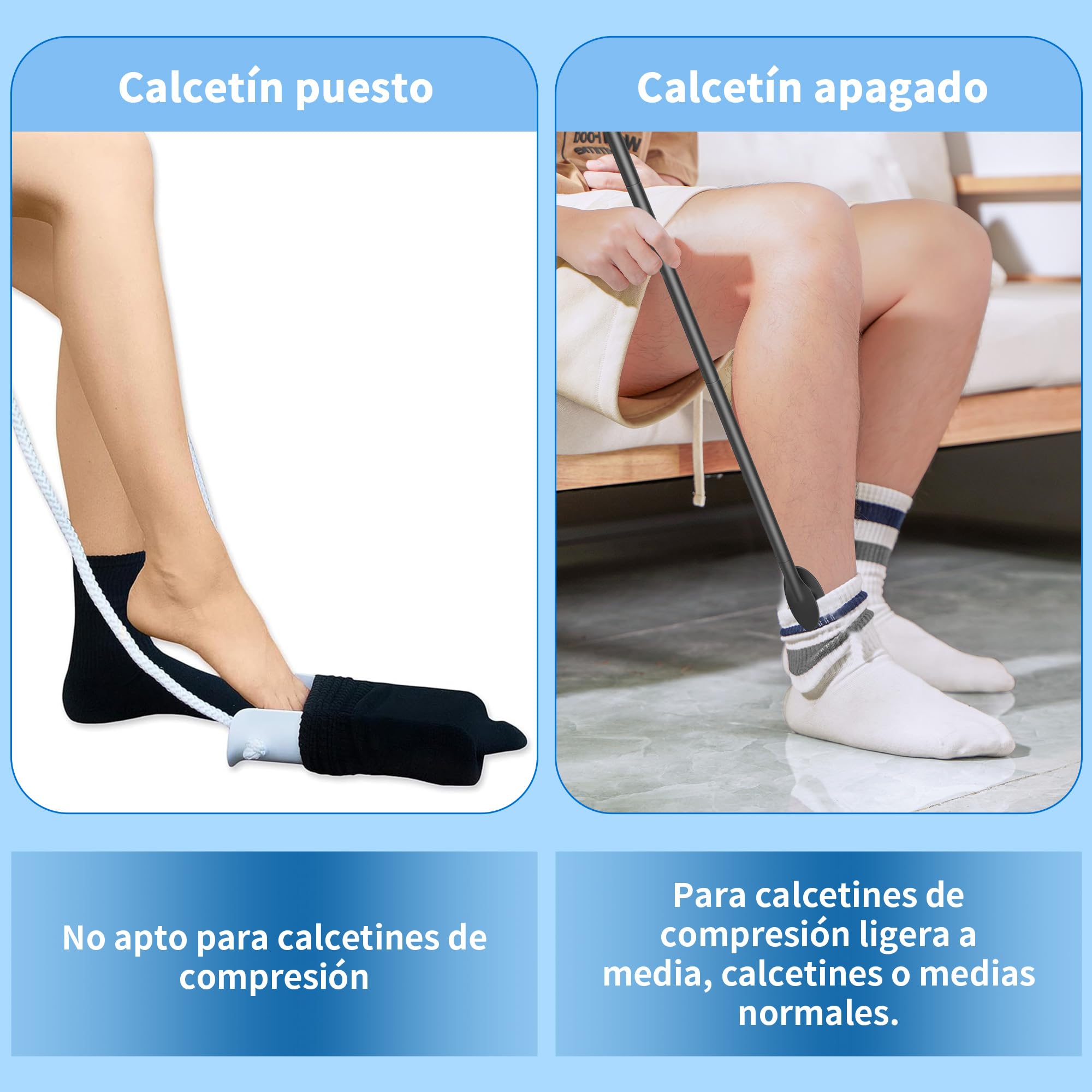 Kekoy Calzador de calcetines, Kit 2 piezas para poner y quitar calcetines (hombres y mujeres), más fáciles que deslizador de 3 dedos, auxiliar con mangos de espuma para discapacitados y mayores (Azul)