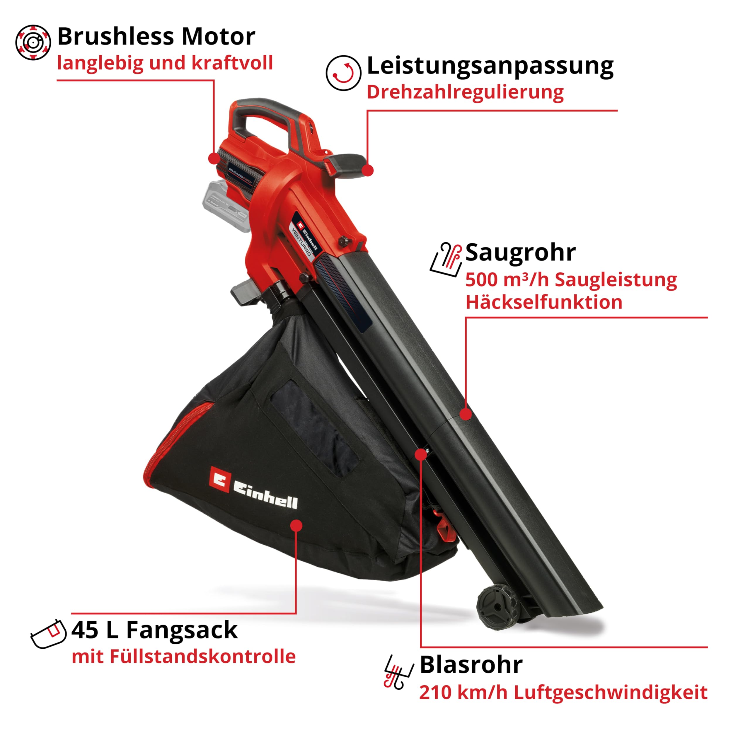 Einhell Akku-Laubsauger VENTURRO 18/210 Power X-Change (Li-Ion, 18 V, Saugleistung 500 m³/h, Fangsack 45 L, Blasfunktion bis 210 km/h, ohne Akku & Ladegerät)