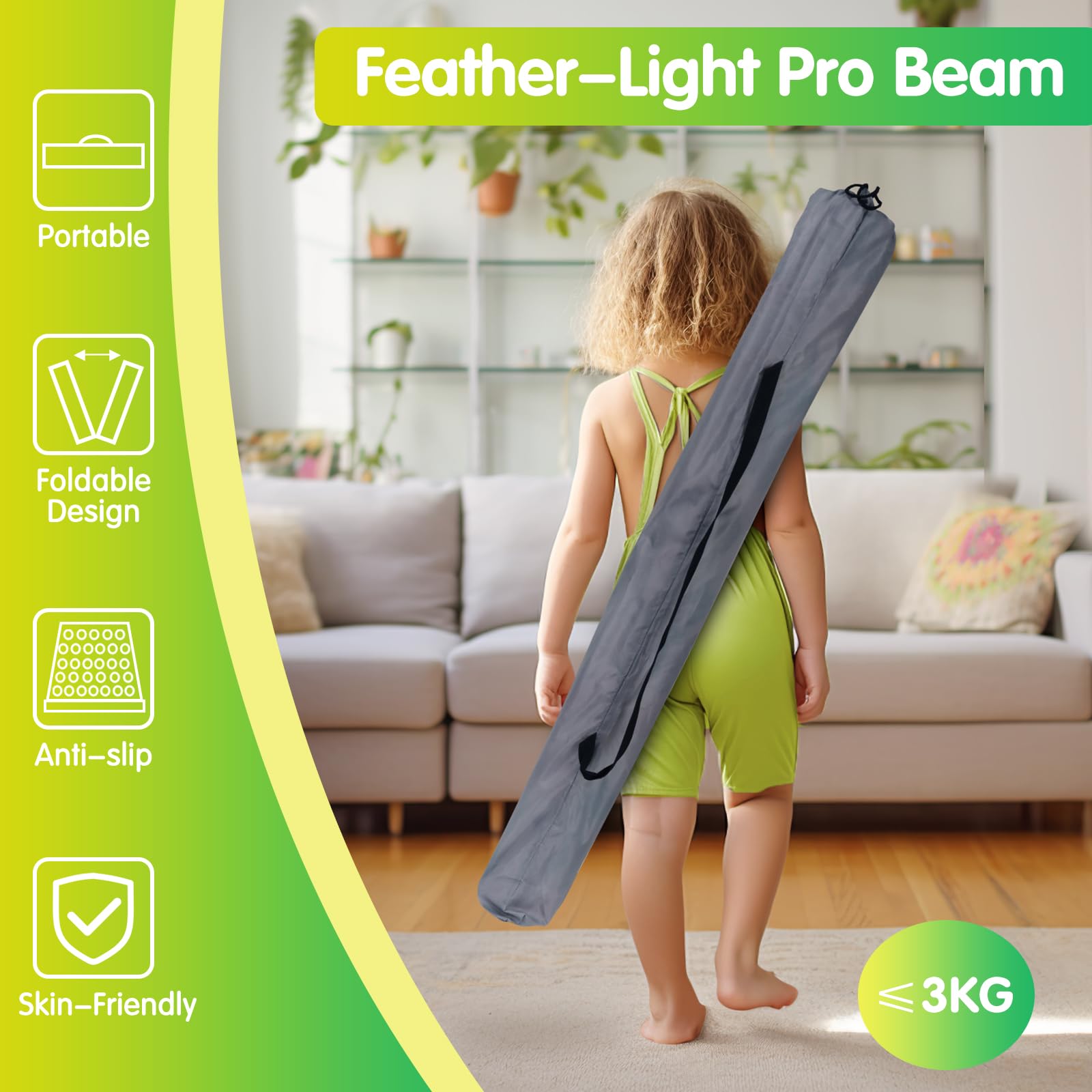 Poutre d'Équilibre Gymnastique avec Surface Simili-Suede EVA+EPE en 3 Tailles (240cm/270cm/300cm) Pliable pour Enfants & Adultes + Sac de Transport