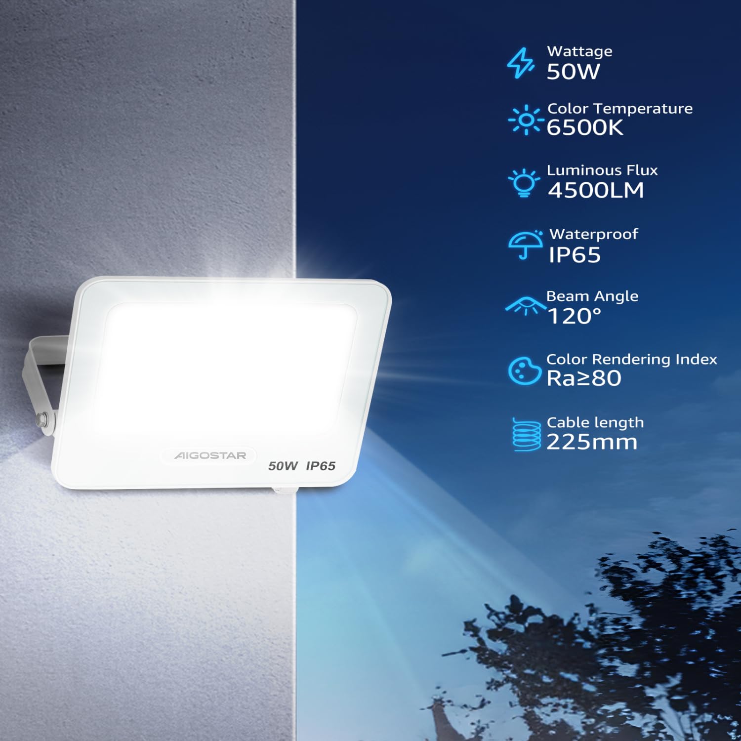 Aigostar Foco LED Exterior 50w, 4500LM Foco Proyector LED, IP65 Impermeable Luz de Seguridad, Luz blanca 6500K Luces led exterior, Para Jardín, Patio, Garaje, Paquete de 2