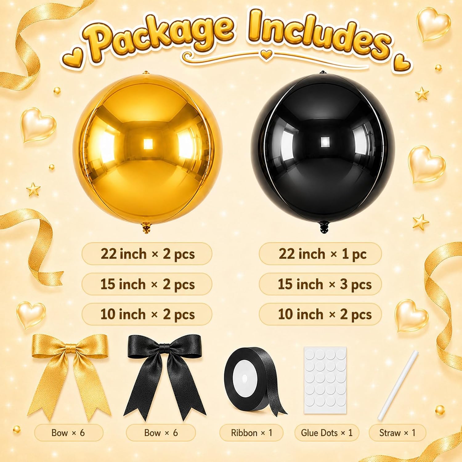 Black and Gold Round Foil Balloons Satin Bows and Ribbon 12PCS 22/15/10" image 2