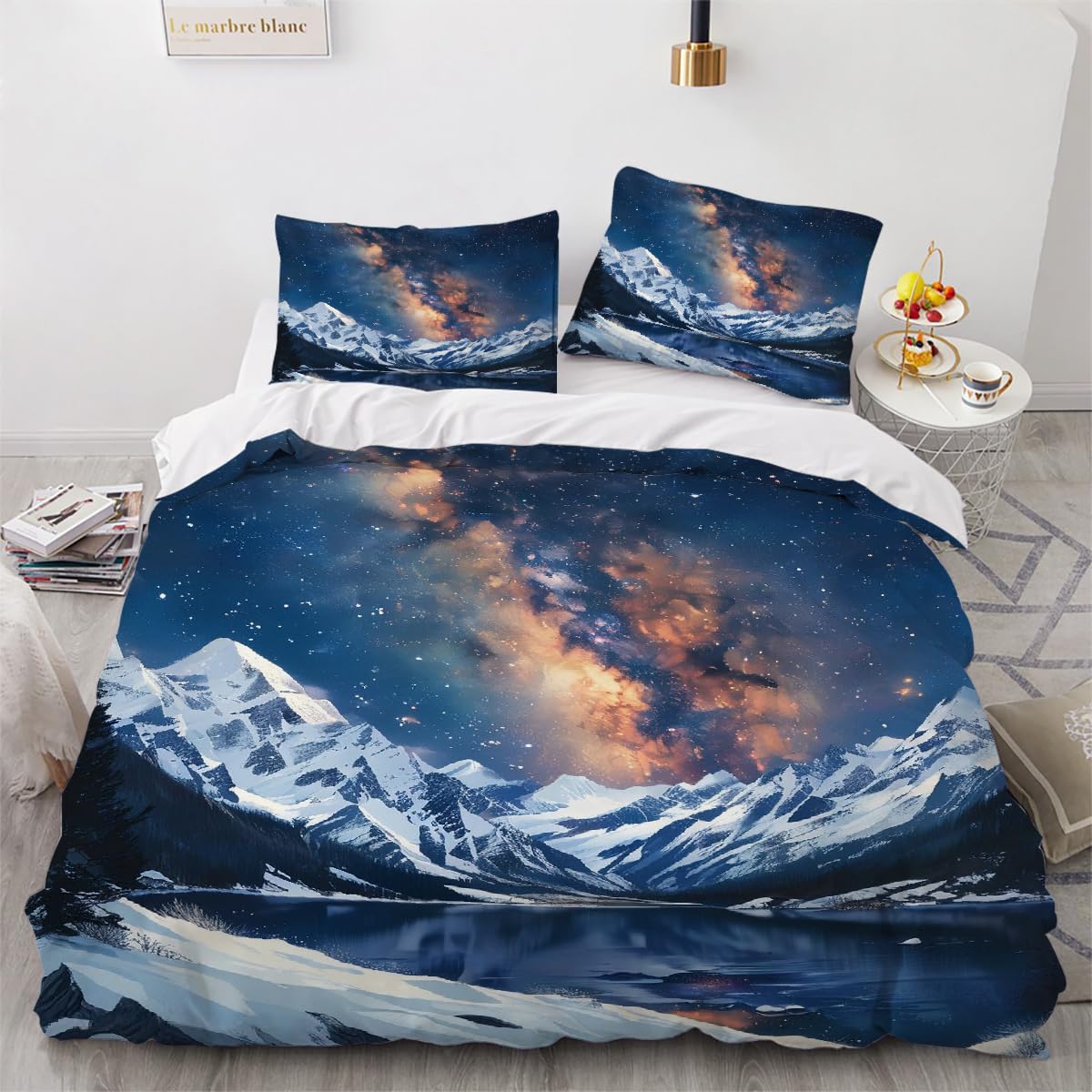 Parure de lit 140x200cm ciel étoilé 3D avec housse de couette en microfibre et sa taie d'oreiller