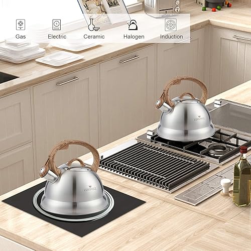 Miniatura 6 de Creative Home - Tetera silbante de acero inoxidable de 2.3 cuartos de galón con mango ergonómico de goma de madera, acabado satinado