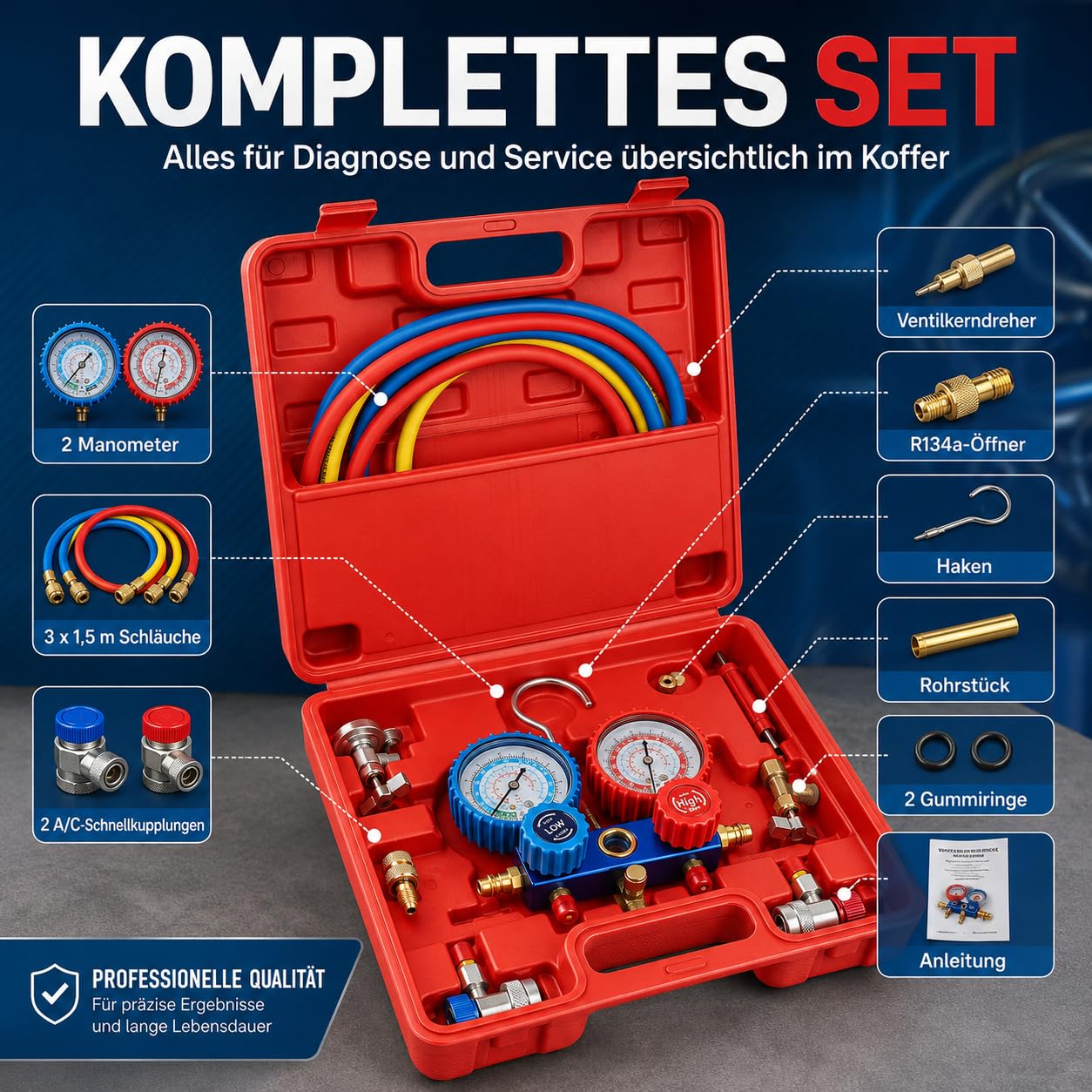 Klima-Monteurhilfe-Set mit 2 Manometern, 1/4-Zoll-Anschluss und 1,5-m-Schläuchen, für R134a, R22 und R410A