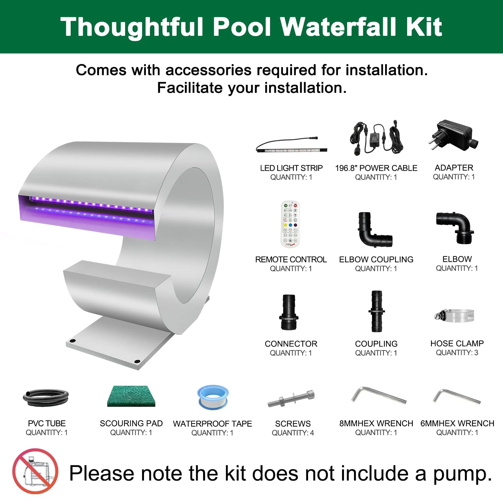 Longrun J -förmiger Wasserfall Spillway Edelstahl Swimmingpool Brunnen, RF & App Kontrollierte LED Licht Outdoor Teichwasserfälle Kit für Garten Terrasse Pool Koi Teiche Dekoration-34.5 cm Höhe