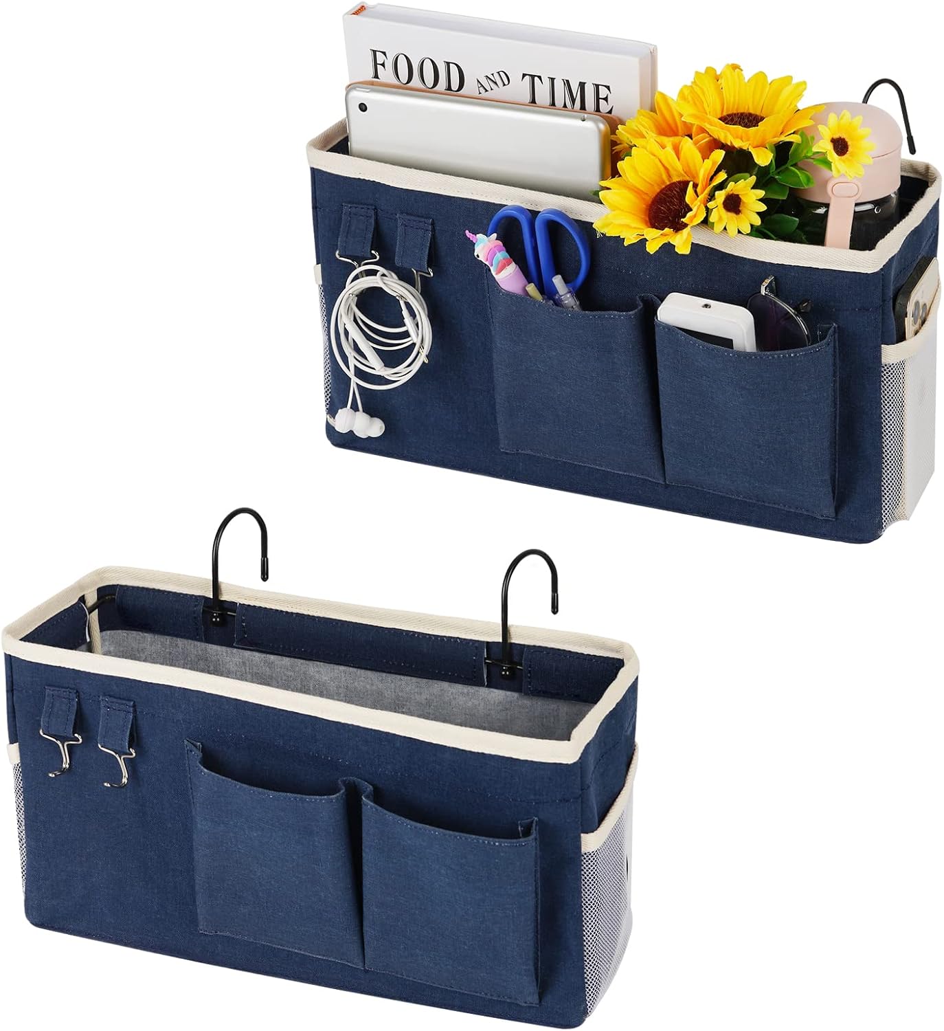 Loghot Bedside Caddy/Bedside Storage Bag Hanging Organizer for Bunk and Hospital Beds,Dorm Rooms Bed Rails,Can be Placed Glasses,Books,Mobile Phones,Keys (2pc Navy Blue)