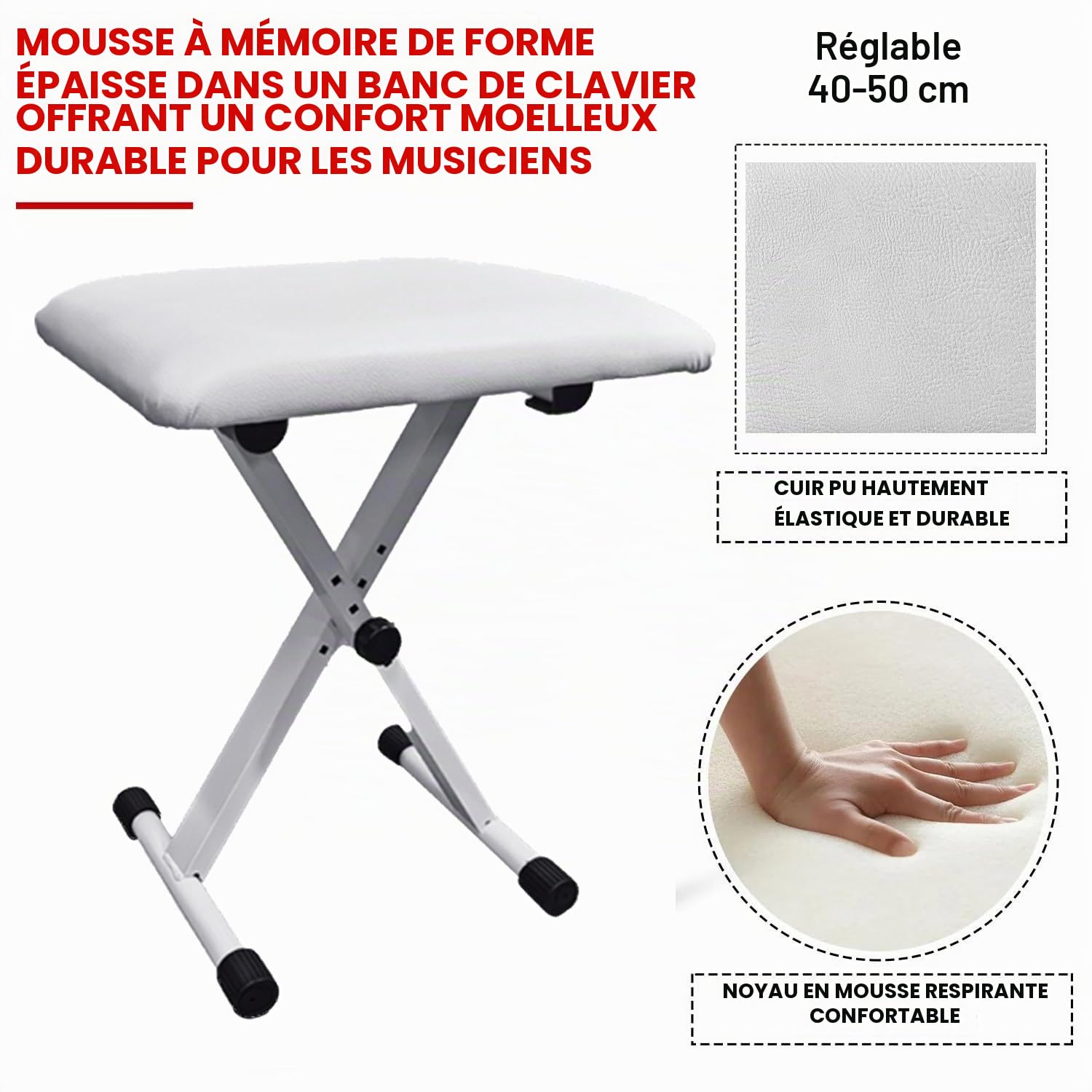 Support De Clavier Et Banc De Clavier Set,Support Pour Clavier Et Tabouret Pour Piano En Double x,Support Pour Clavier Réglable En Hauteur Sur 7 Niveaux Et Tabouret De Piano Réglable 4 Niveaux(Blanc)
