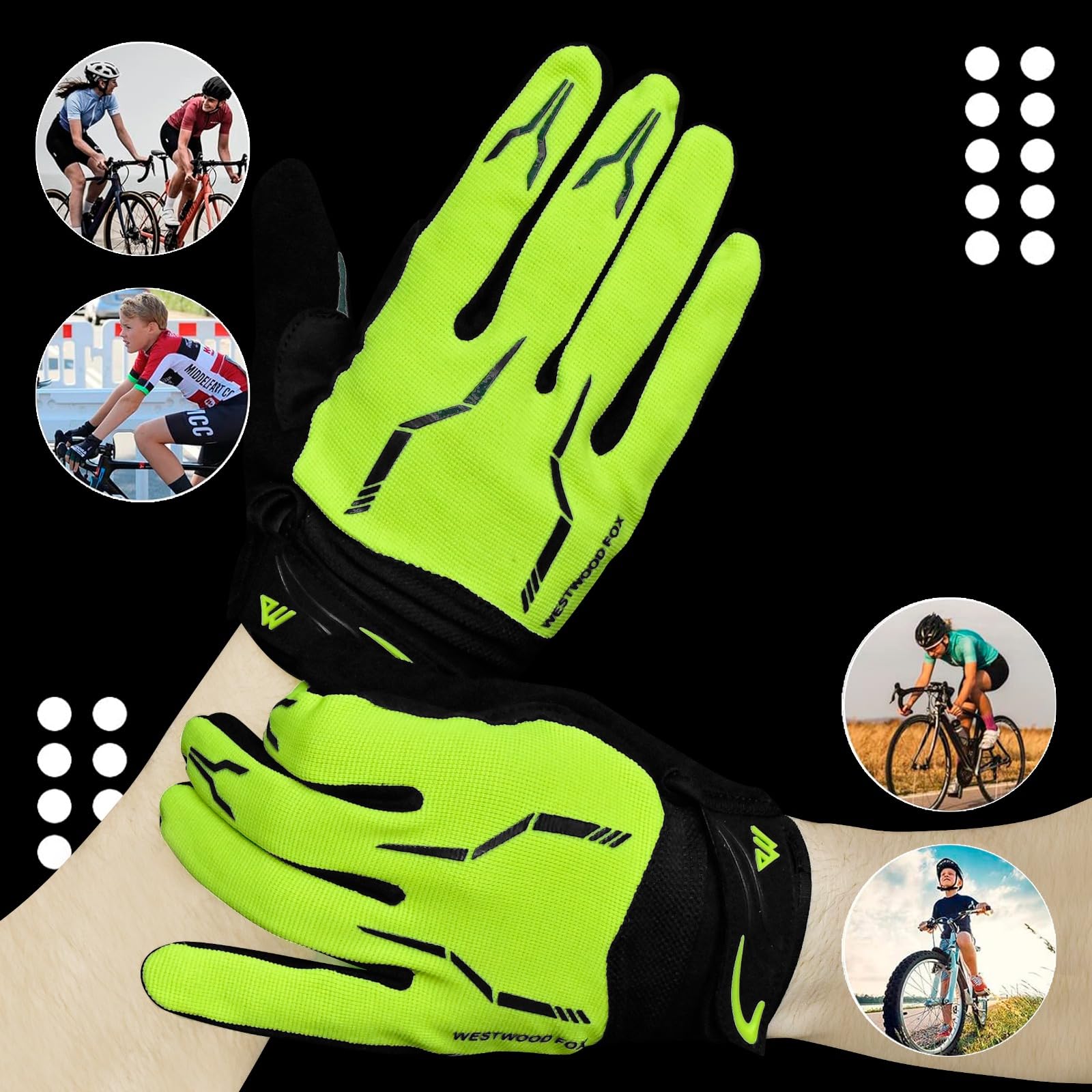 WESTWOOD FOX WFX - Guanti da ciclismo a dita intere, per mountain bike, touchscreen, guanti da MTB, imbottiti, antiscivolo, per ciclismo su strada, per uomini e donne