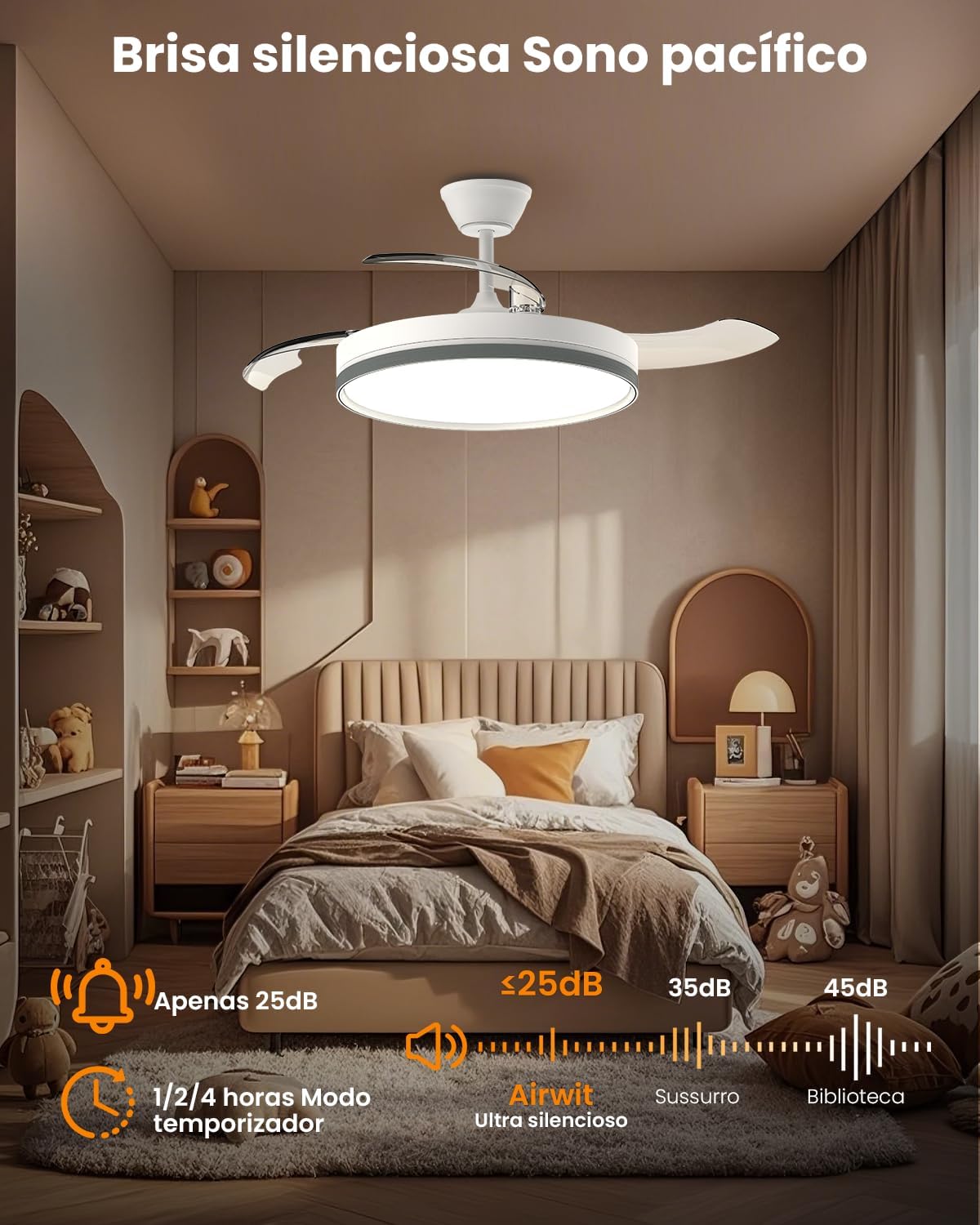 Ventilador de Teto Retrátil com Luz LED 106cm (42") - Controle Remoto, 6 Velocidades, 3 Cores de Luz, Bivolt 110V/220V e Temporizador Ventilador de Teto Retrátil com Luz LED 106cm (42") - Controle Remoto, 6 Velocidades, 3 Cores de Luz, Bivolt 110V/220V e Temporizador