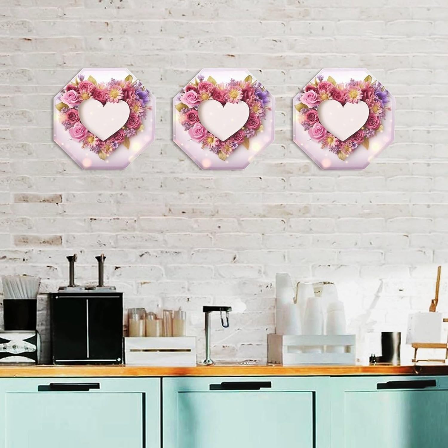 Ctagon Metal Sign for Home, Modern Display Plate for Kitchen, Card Heart Shape Flowers Plates Accent Hanging Wall Decorations 3PCS for Living Room, Bedroom, Hallway, Hotel