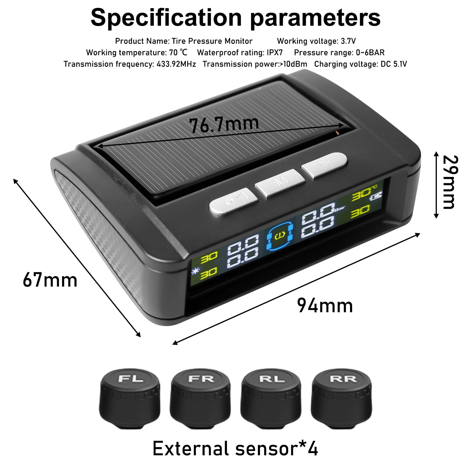 Aicharynic TPMS Reifendruckkontrollsystem, Solar Kabelloser Reifendrucksensor mit 4 Externen Sensoren IPX7, 3,5" Solar Display & USB-C Ladung für LKW/Anhänger, Druckbereich 0-5 bar
