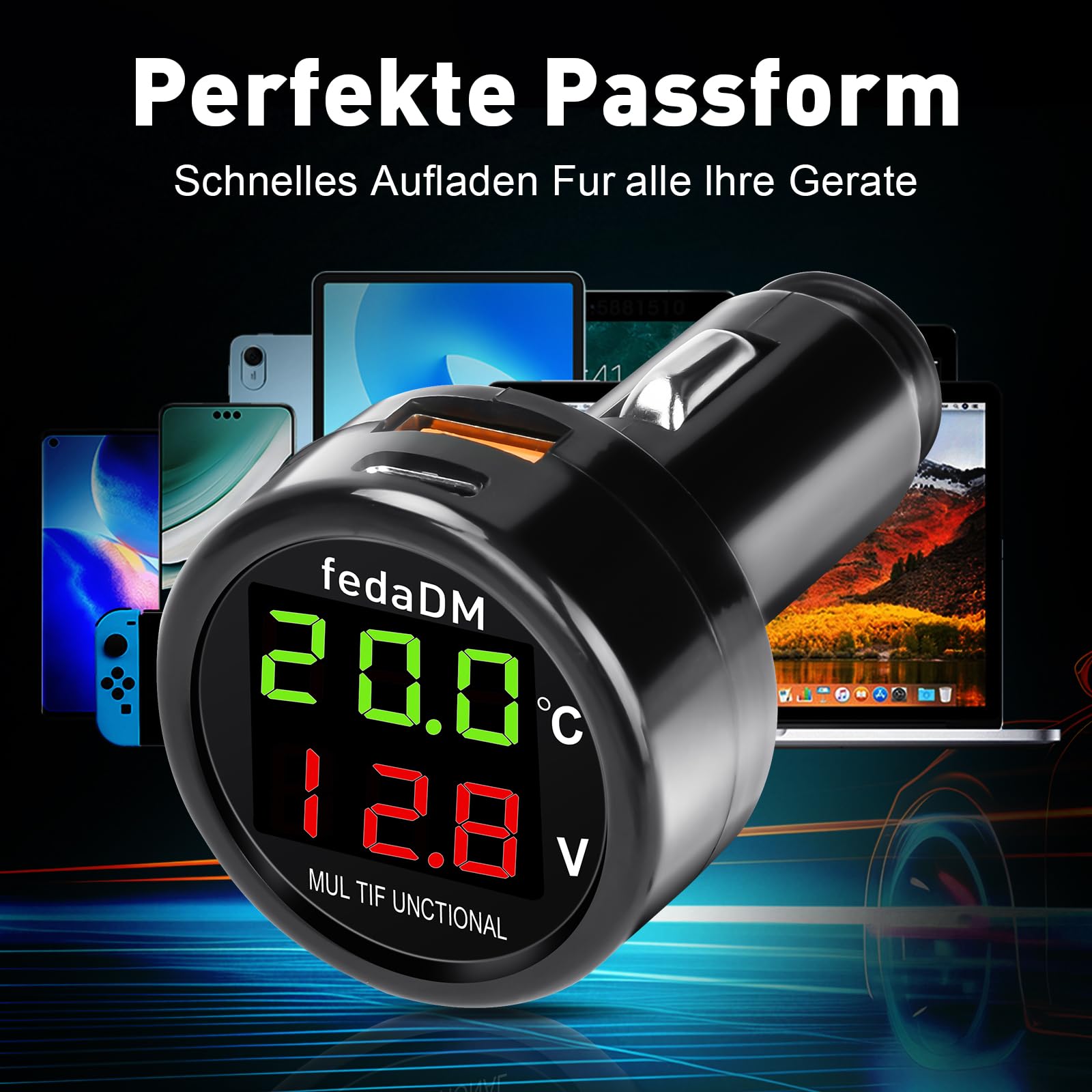 3-w-1 USB C ładowarka samochodowa, cyfrowy woltomierz samochodowy, termometr, 30W PD&QC USB zapalniczka, ładowarka, DC 12V 24V kontroler baterii, do samochodów osobowych, ciężarówek, autobusów