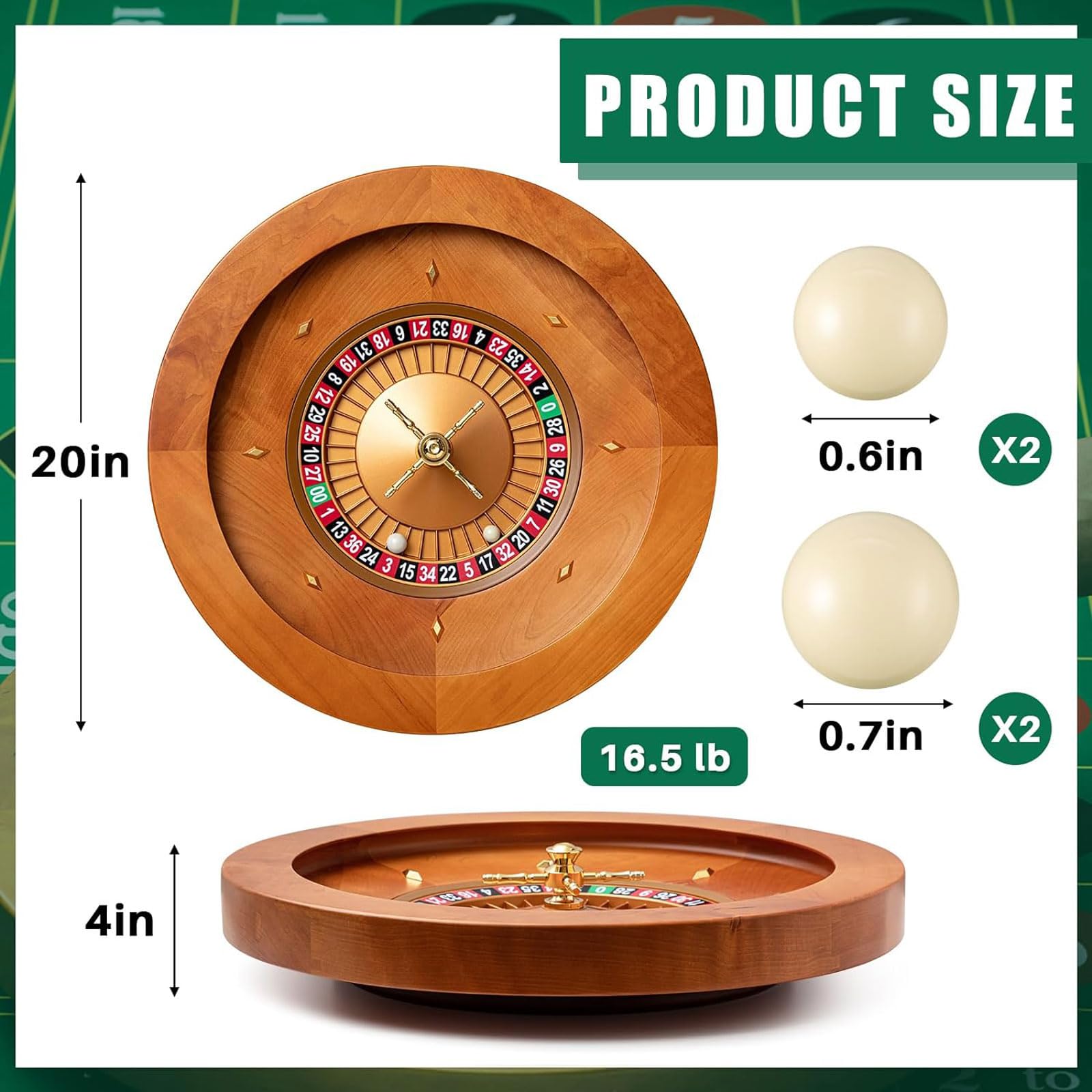 Rueda de Ruleta de Madera de 20 Pulgadas con 4 Bolas de Ruleta, Juegos de Mesa de Ocio para Uso Profesional en el hogar o Fiesta Nocturna