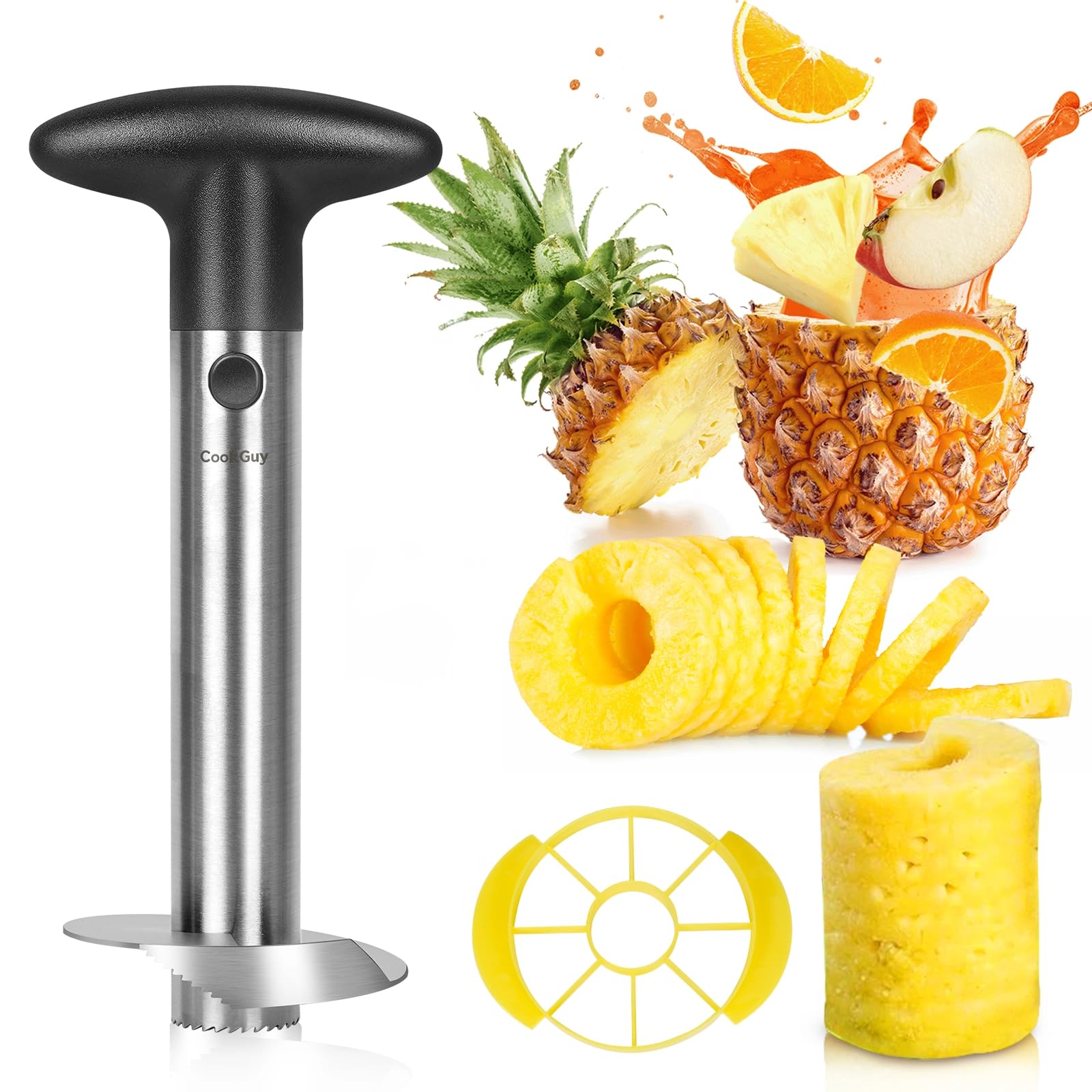 Cook Guy Ananas-Entkerner und -hobel mit rundem Griff – inklusive verstärktem Ananasschneider aus Edelstahl, Ananas-Trennwand aus Kunststoff und Obstmesser – einfaches Entfernen und Schneiden von Kern