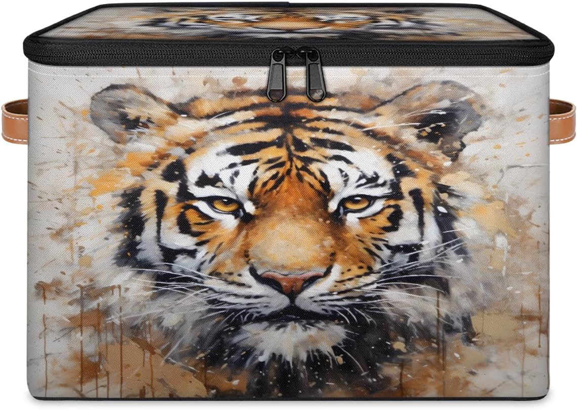 Storage Bin Set of 2 3D Tiger Storage Basket with Zipper Lid & Handle Foldable Closet Shelf 2 Pack Cloth Organizer Basket Cube Bins Clothes Organizer for Bedroom, Nursery