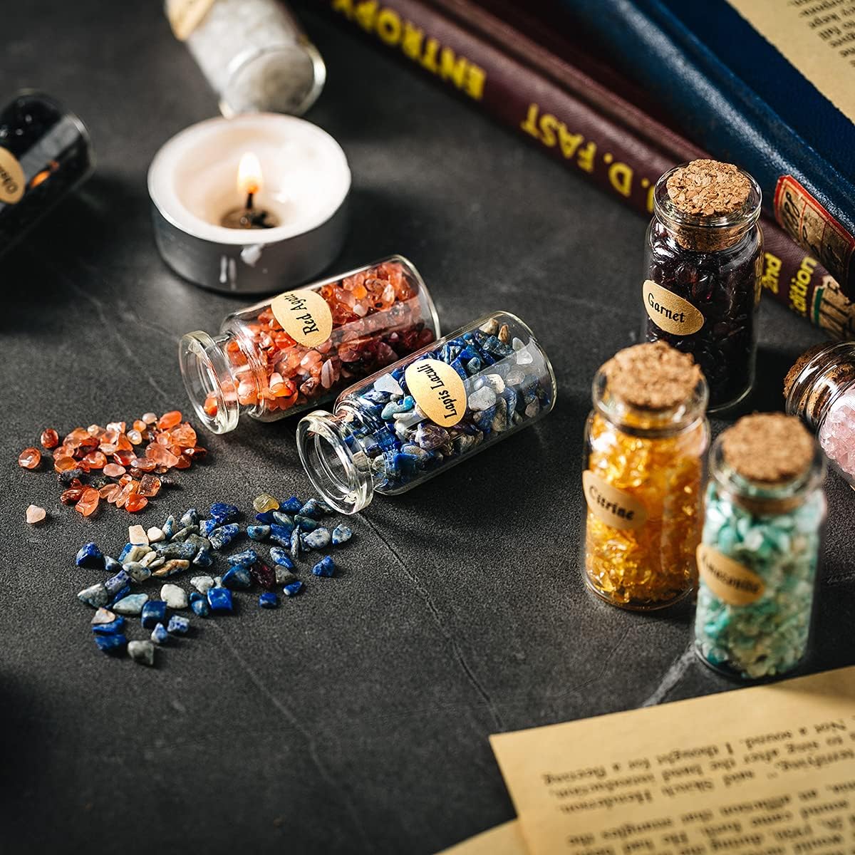 KHOCOEE 12 Different Gemstone Bottles Chip Crystals and Healing Stone, Chakra Healing Crystals Bottles, Wicca Gem Stones Set, Witchcraft Crystals
