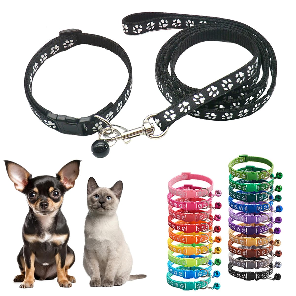 XXS Dog Collar and Leash Set with Bell,Black Nylon Paw Cat Collar Girl Female Cute Fancy Puppy Collar with Bells for XXS XS Tiny Little Kitten Boys