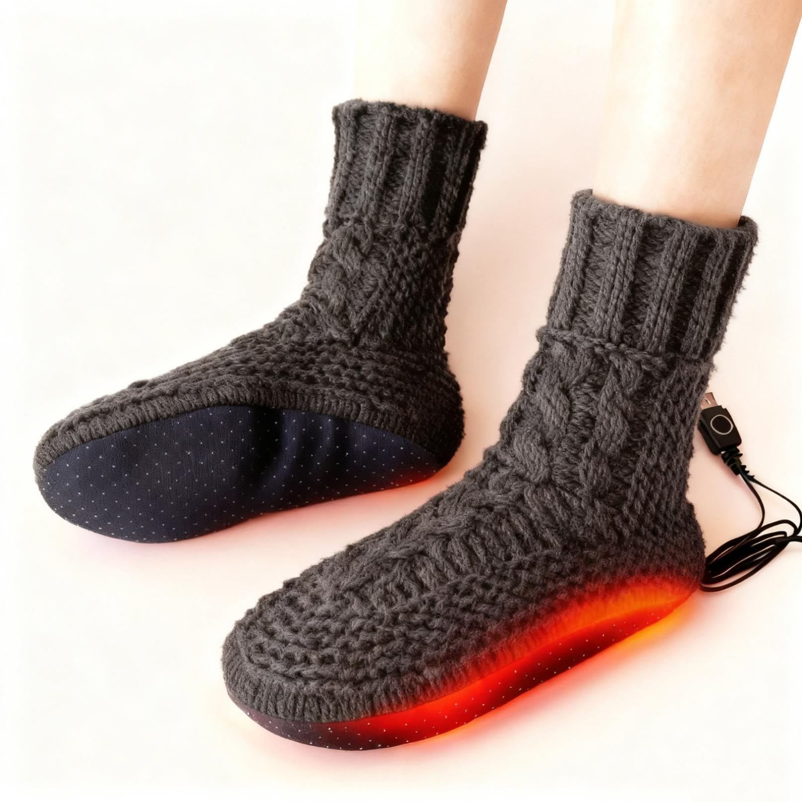 USB Heated Socks Slippers for Indoor, Electric Socks Foot Warmers Winter Fleece Heating Pad Knitted, Thermal Heat Feet Warmer Boots Rechargeable Anti-Slip Home Foot Heater for Men Women (Gray)