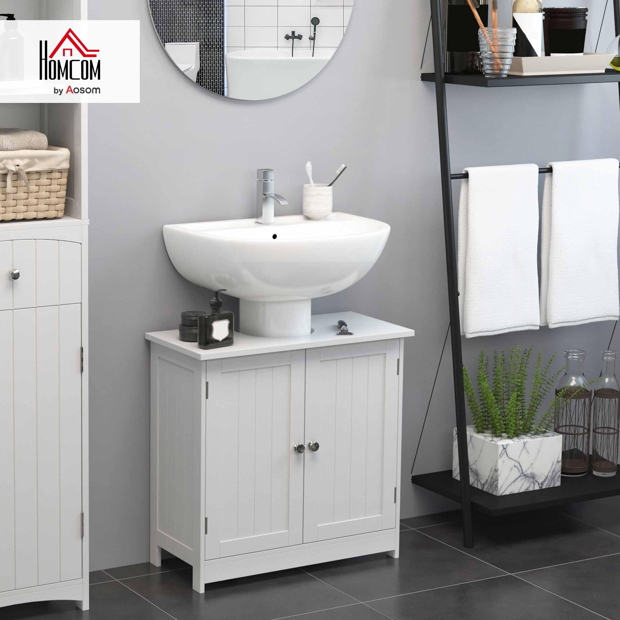HOMCOM Mobile Sottolavabo per Bagno con Ripiano Regolabile, Mobiletto Sottolavabo con Intaglio a U e 2 Ante, Mobile Bagno Salvaspazio, Adatto a Lavabi con o Senza Colonna, 60x30x60 cm, Bianco