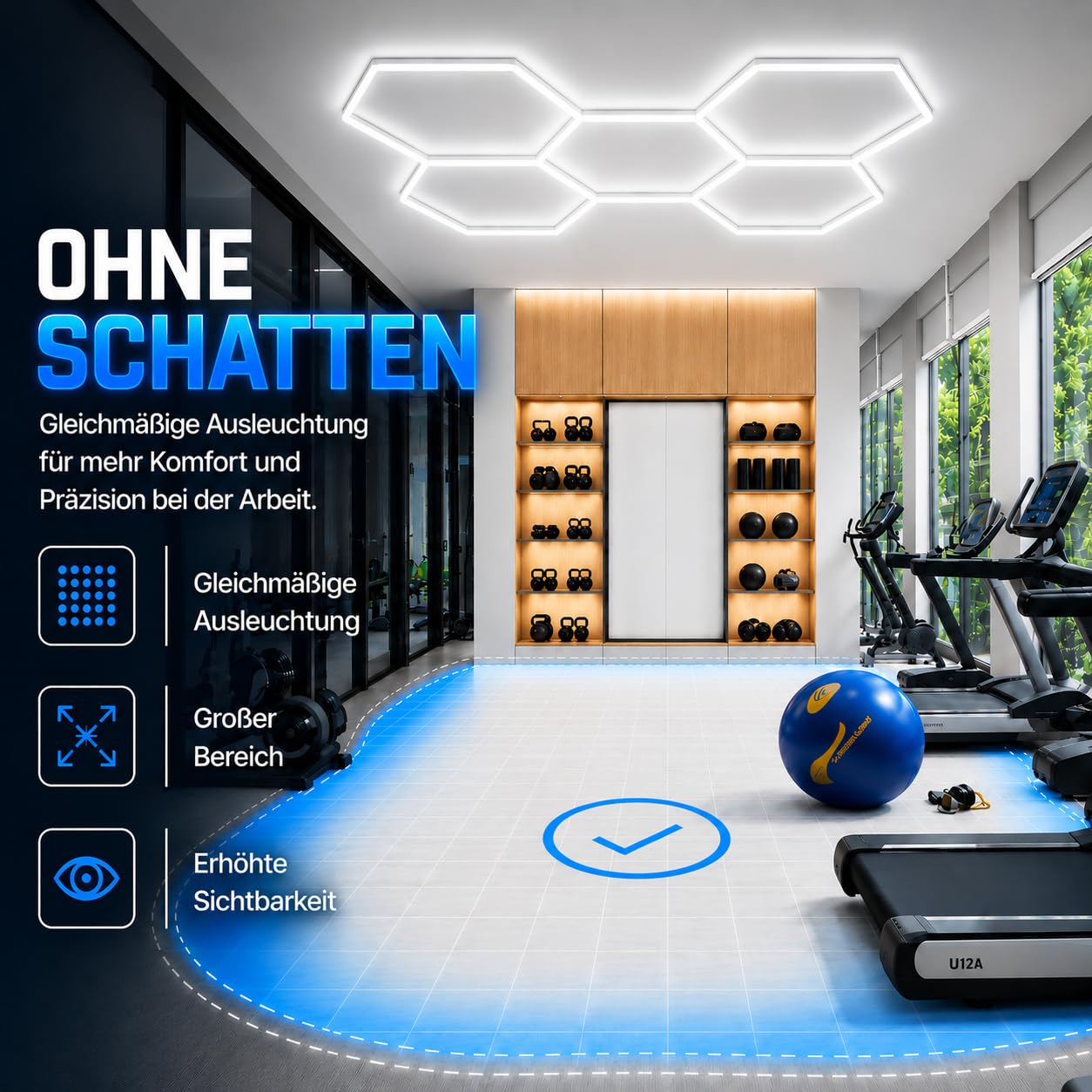 LED-Deckenleuchte, sechseckig, Wabenmuster, modulierbar, 26000 Lumen & 6500 K, für Garage, Werkstatt, Salon, Auto, Fitnessstudio und Barber Shop – [298 x 208 cm]
