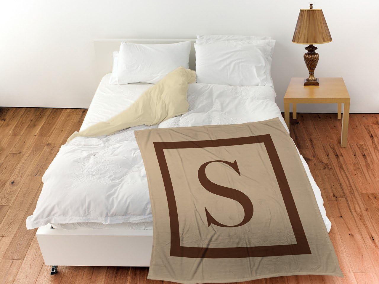 Manual Woodworkers & Weavers Coral Fleece Throw, 50 by 60-Inch, Monogrammed Letter S, Caramel Classic Block