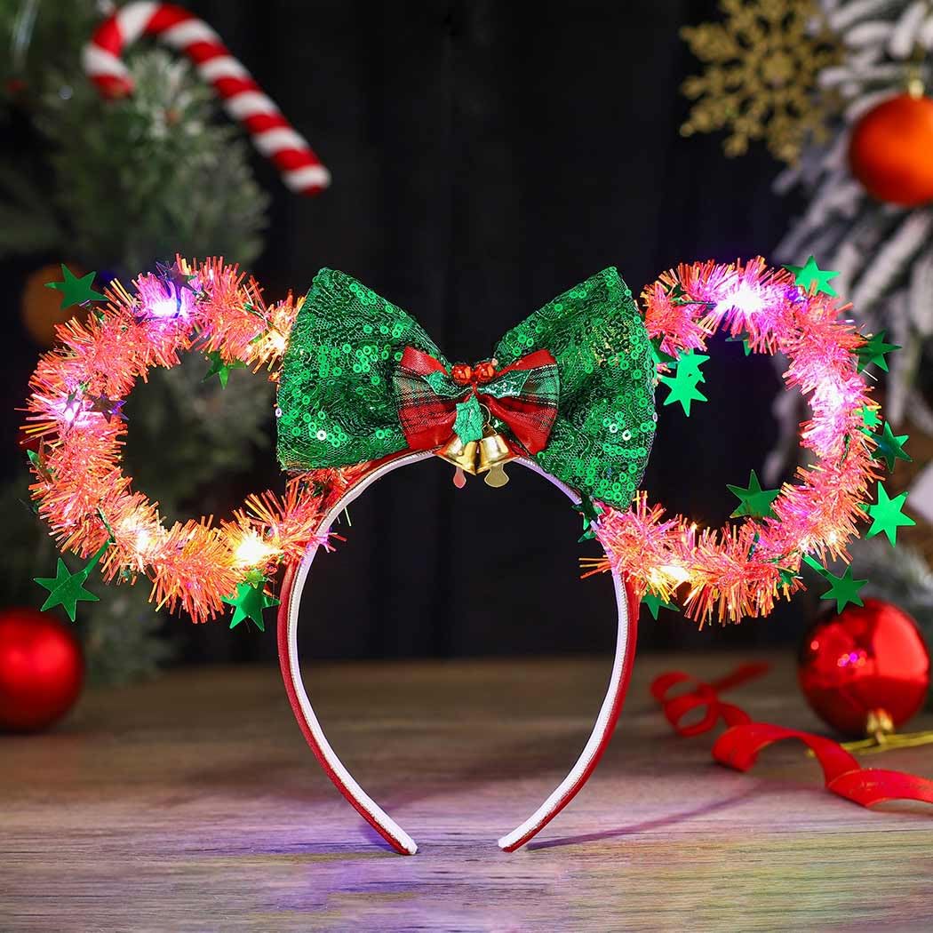 Zoestar Christmas Light up Headband LED Mouse Ear Headbands Xmas Bow Hair Hoop Festival Costume Hair Accessories for Women (Green Red, One Size)