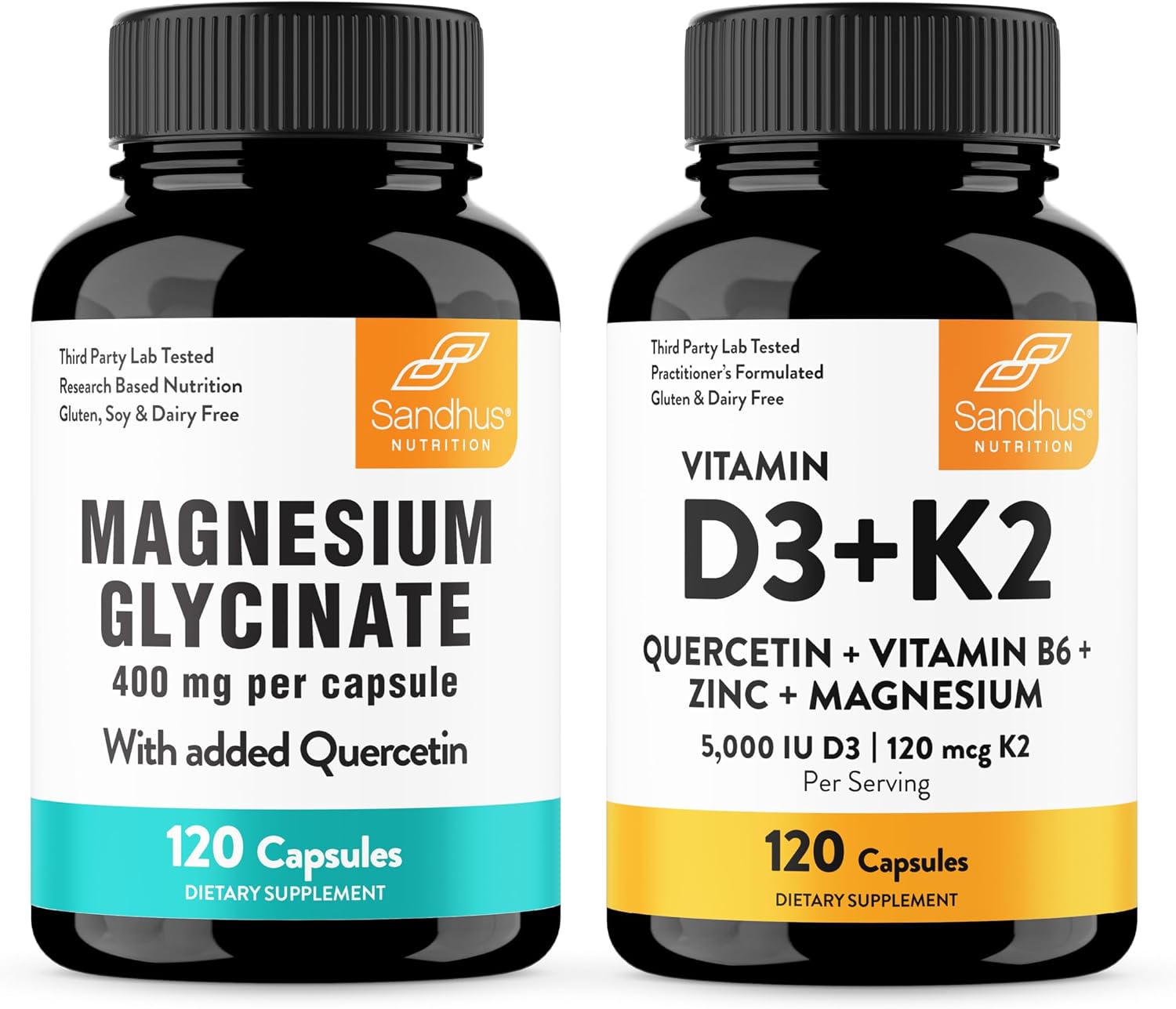 Sandhu's Magnesium Glycinate & Vitamin D3 K2 with Quercetin Capsules (120 Count Each) | Supports Quality Sleep, Relaxation, Immune, Muscle, Teeth Health & Energy