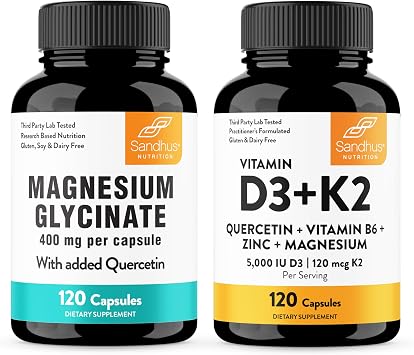 Sandhus Magnesium Glycinate & Vitamin D3 K2 with Quercetin Capsules 120 Count Each | Supports Quality Sleep, Relaxation, Immune, Muscle, Teeth Health & Energy