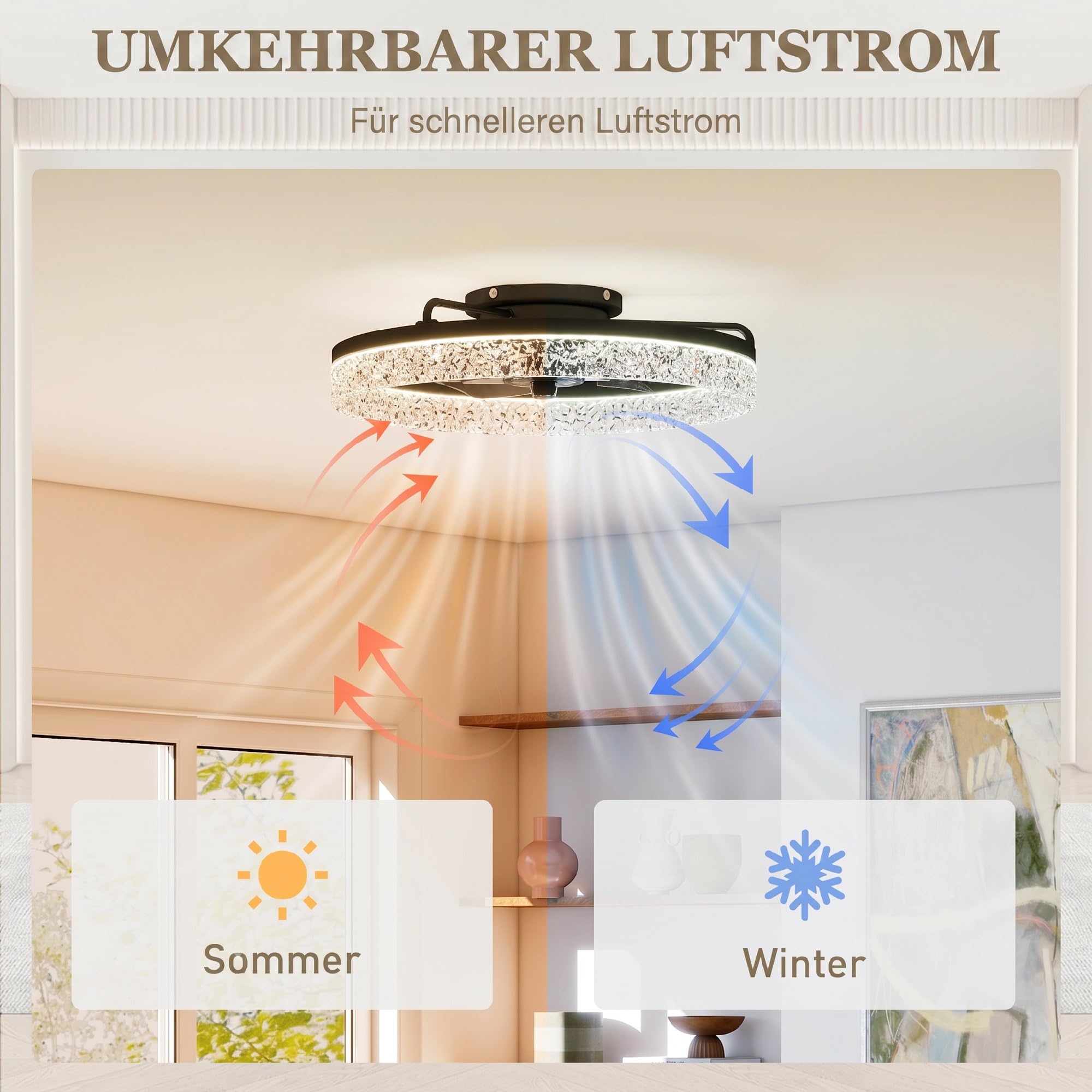 HOMCOM Deckenventilator mit Beleuchtung und Fernbedienung, Ø50 cm, 40 W Dimmbare Leise LED Deckenleuchte mit Ventilator, 6 Geschwindigkeiten, umkehrbar DC Motor, Timer, Schwarz