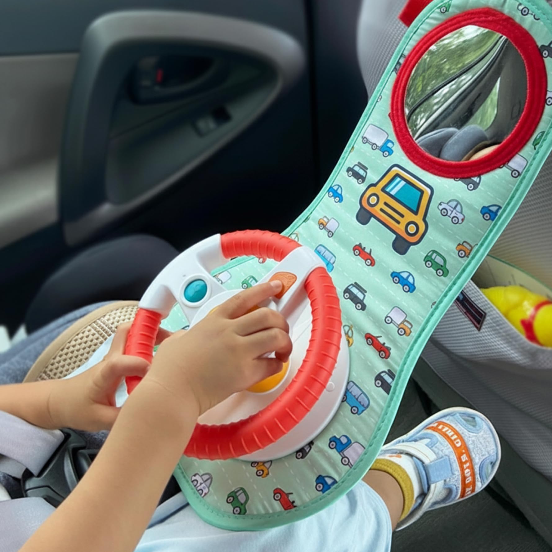 Volante per bambini giocattolo per seggiolino auto con rotazione a 360° Volante per auto giocattolo con specchio, musica, luci e suoni di guida, giocattoli per passeggino per bambini da 12 mesi in su