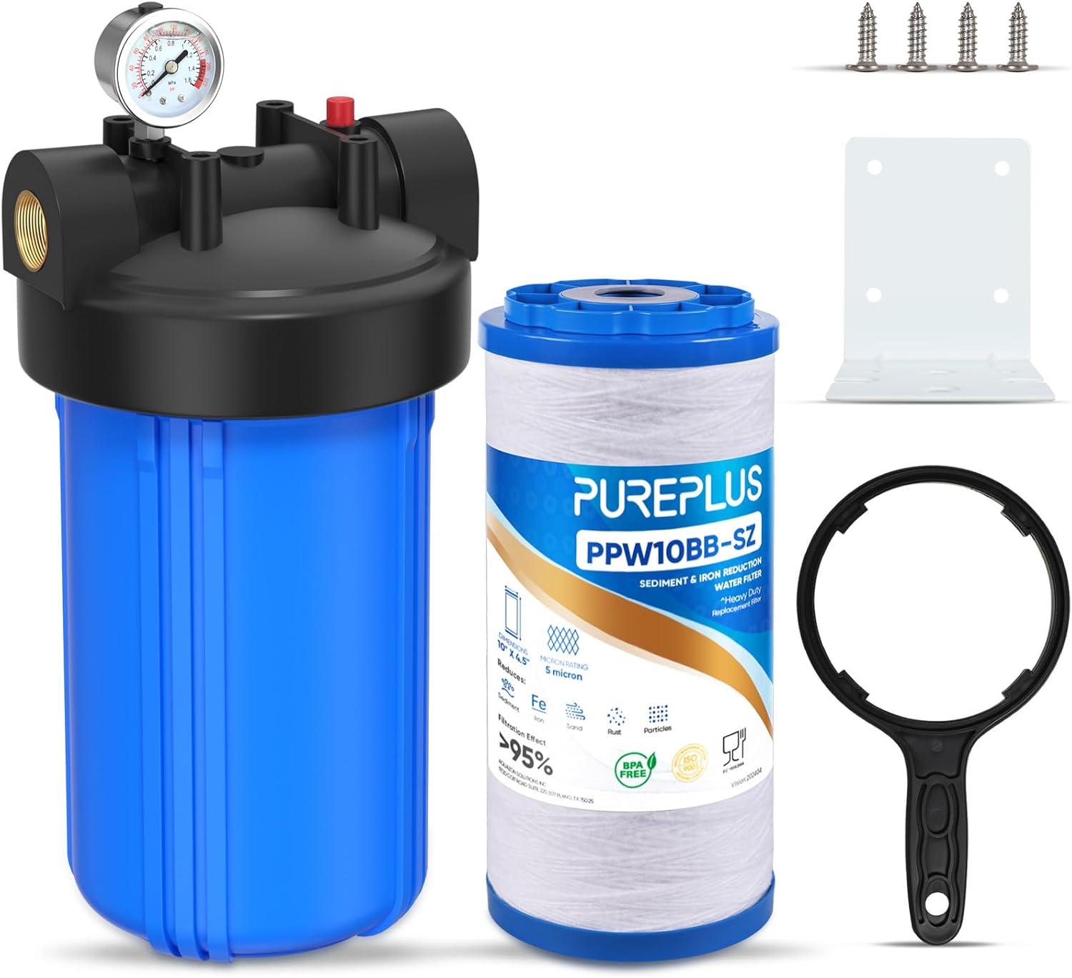PUREPLUS 1-Stage Whole House Water Filter, with Iron Manganese Reducing Water Filter, for Well Water, 10"x4.5" Universal Housing product image
