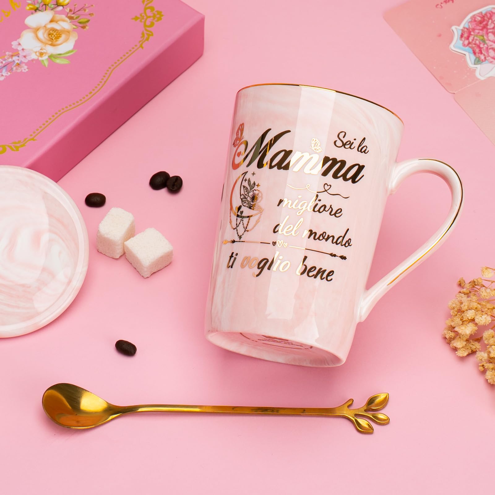 Tazza 400ml Ceramica Marmorizzata Rosa Regalo Mamma Compleanno Natale con Coperchio e Cucchiaio