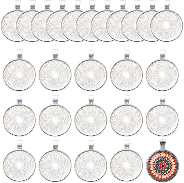 UINOEU Acrylic Keyring Blanks, 50pcs Cabochon Pendant 25mm Bezel Plain Keyrings Silver Pendant Trays Key Chains Pendant Blanks Settings Round Cabochon Bezels for Jewellery Making DIY Craft Necklace