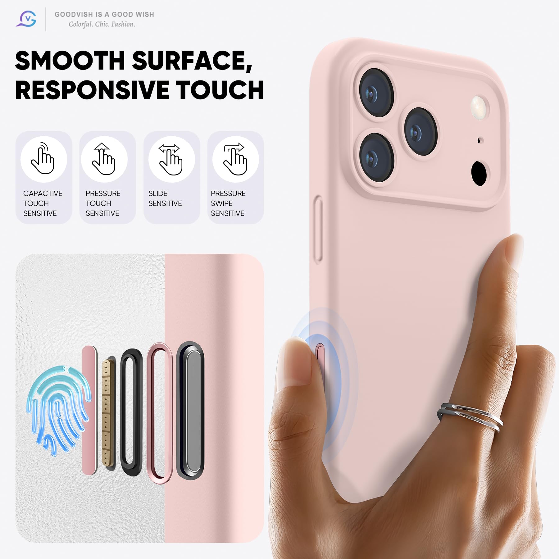 GOODVISH Magnetica Silicone Cover per iPhone 17 Pro Max 6.9", Custodia con 2x Vetro Temperato [Pulsante Controllo Fotocamera] 360° Protezione Anticaduta Case per Antiurto Resistente, Rosa Sabbia