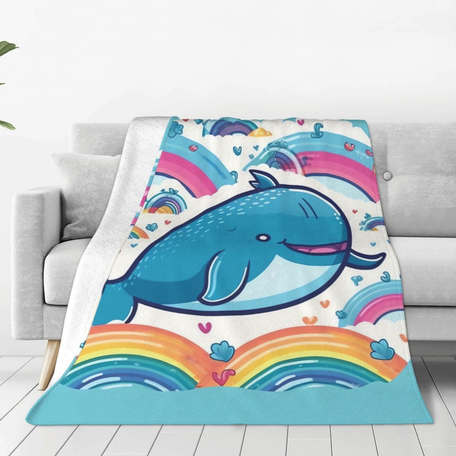 Cartoon Whale and Rainbow Throw Blanket for Couch, Plush Fuzzy Soft Flannel Blankets and Throws for Sofa, 60"x50" Bed Blankets for Travel Camping Chair, All Season Warm Fleece Blanket