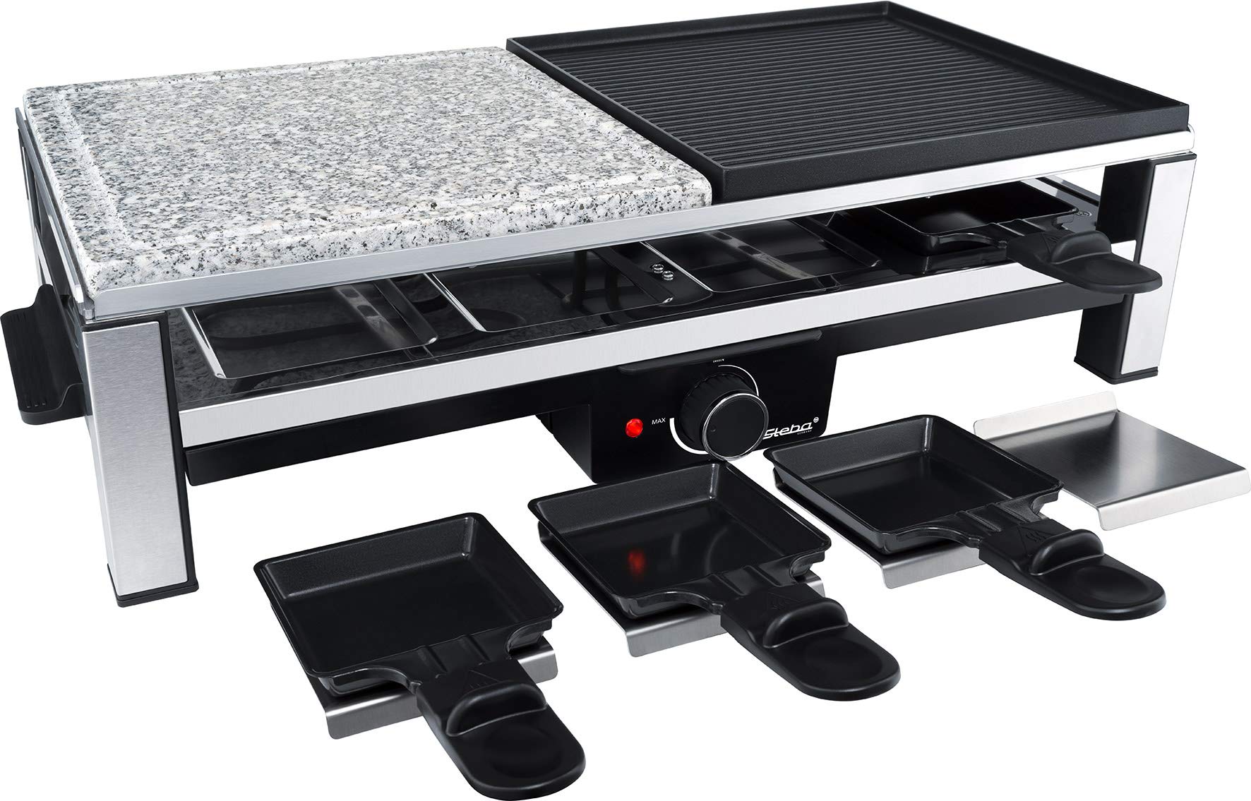 Steba Raclette RC 108 - Plaque de grill en pierre naturelle de qualité supérieure (25 x 25 cm) - Plaque de cuisson antiadhésive - 8 poêlons anti-adhésifs - 8 plateaux à poêlons - Câble de raccordement