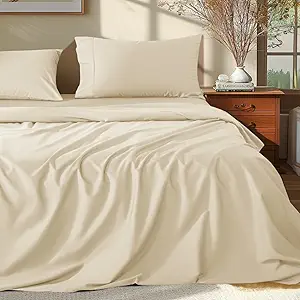 Shilucheng 100% Egyptian Cotton Sheets Set - 1000 Thread Count,Luxury Cotton Bed Sheets,Breathable & Cooling Bedding and Pillow Cases, 16 Inch Deep Pocket - 4 Piece (California King, Beige)